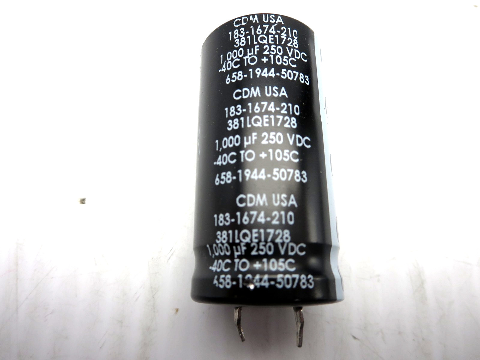 CDM USA 381LQE1728 Capacitor 1,000uf 250VDC +/-20% -40C To +105C Snap-In NEW