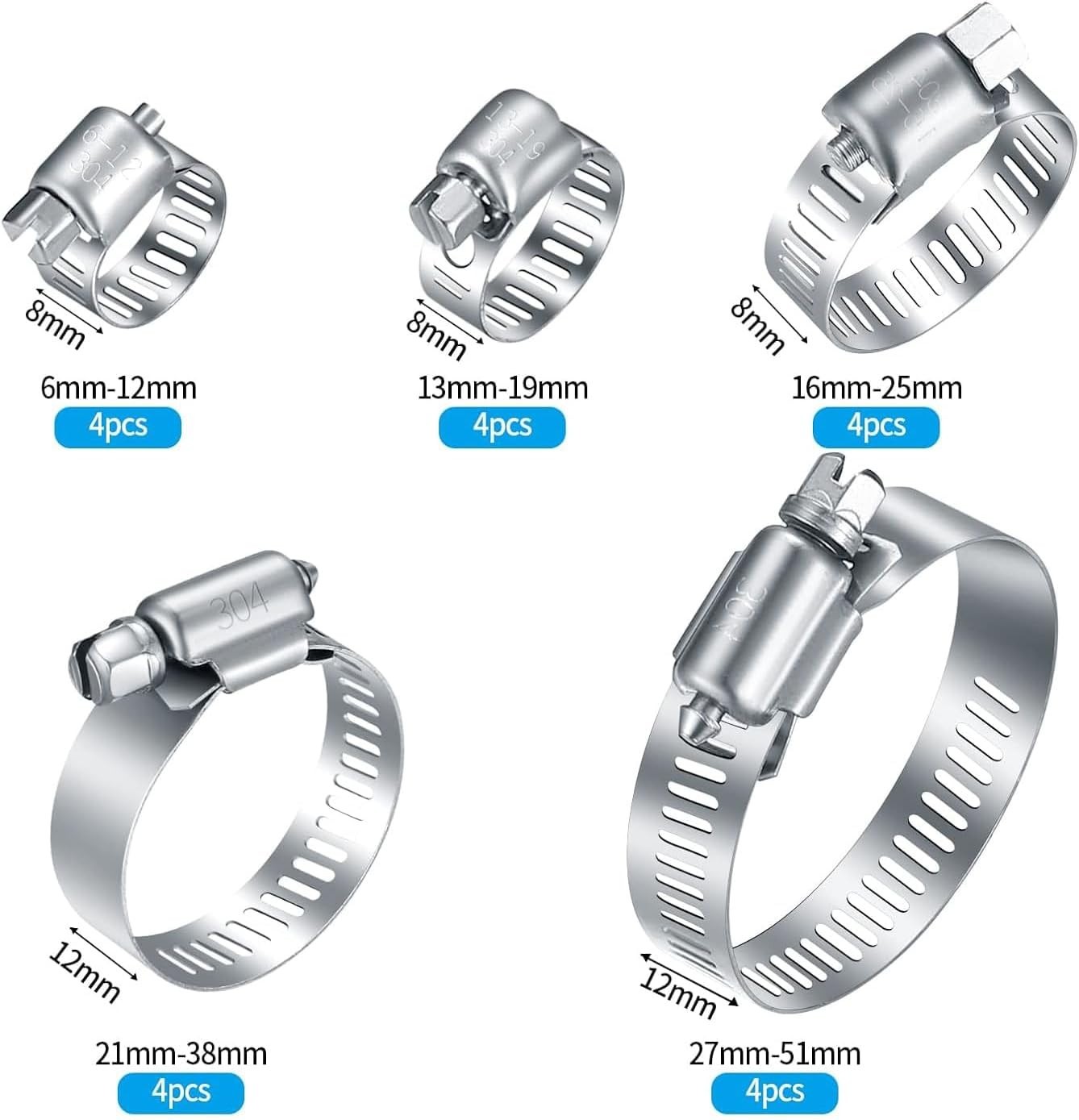 20Pcs Adjustable Stainless Steel Hose Clamps Assortment Kit, 1/4-2 in 6-51mm …