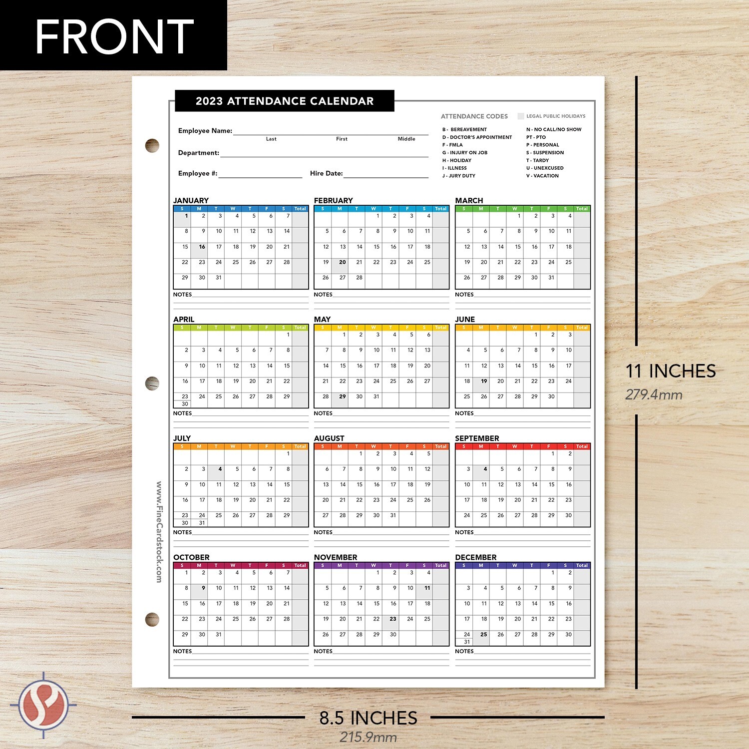 2023 Attendance Calendar Cardstock, Employee Work Tracker, 8.5 x 11, 25 Qty