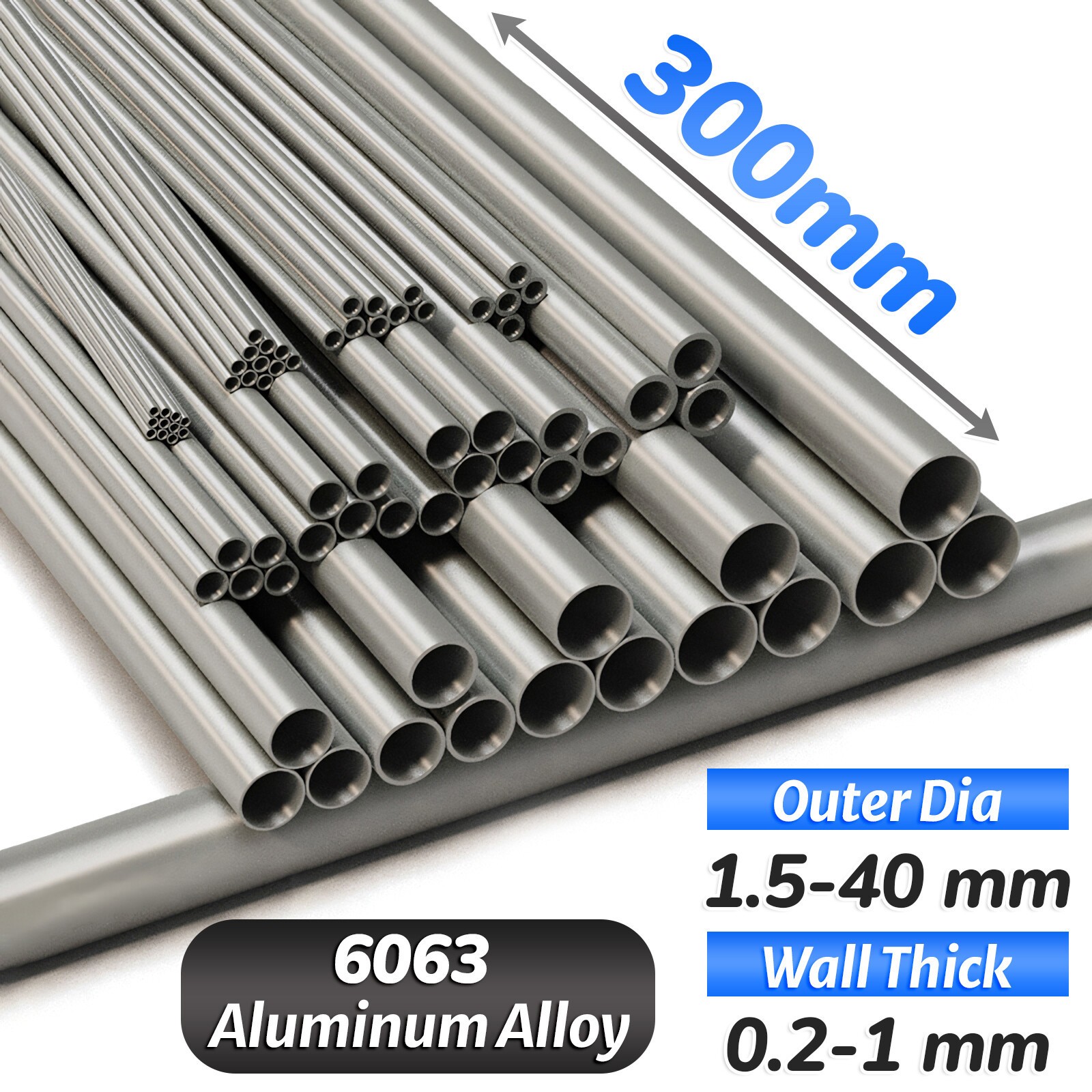 Aluminium Round Tube Pipe 0.2mm 0.5mm 1mm Wall Thickness, Length 300mm 6063T6