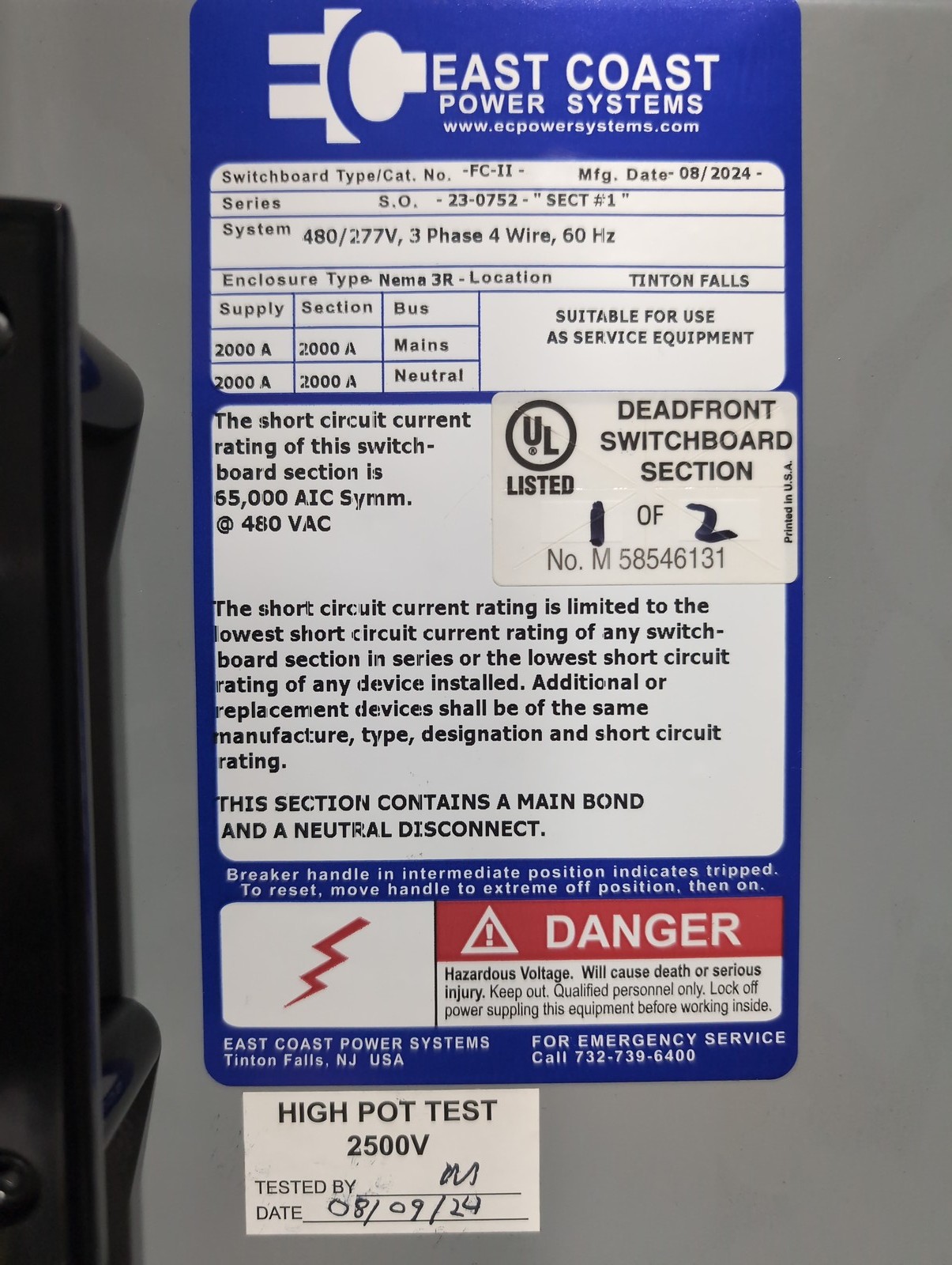 Siemens FCII Switchboard 2000A 480/277V 3PH 4W 3R Encl WLS1F320 LSIG Trip ETU776