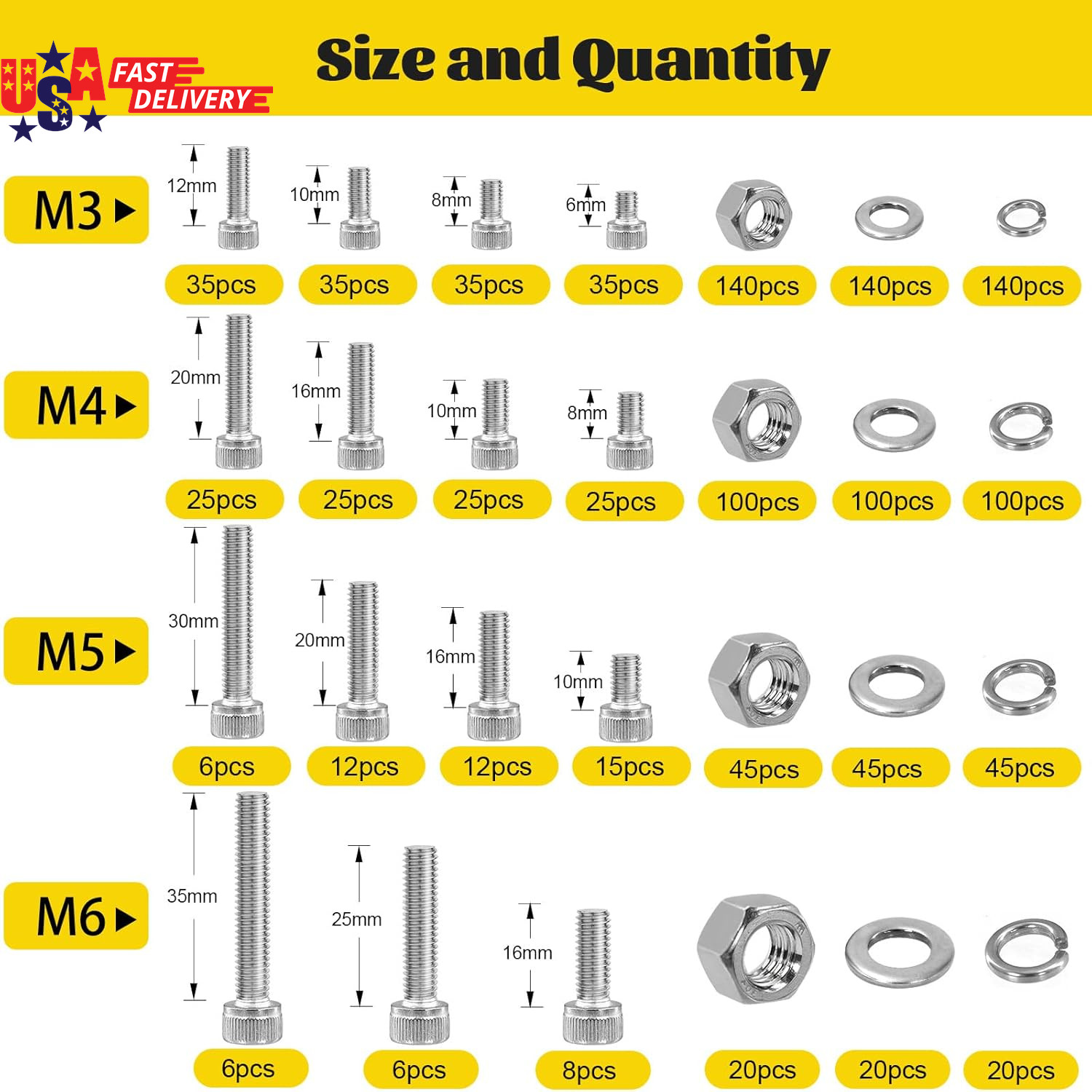 270Pcs M5 Screws with Nuts Assortment Kit, M5X8/10/12/16/20/25/30/35 Mm 304 Stai