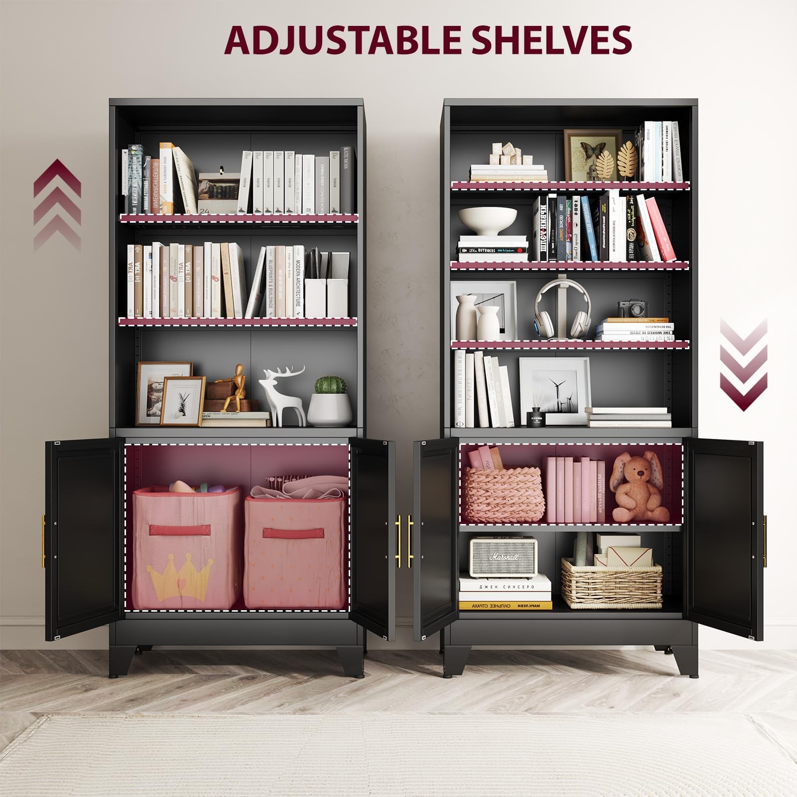 Metal Bookcase Doors 6-Shelf 71in Display Storage Home Office Living Room Black