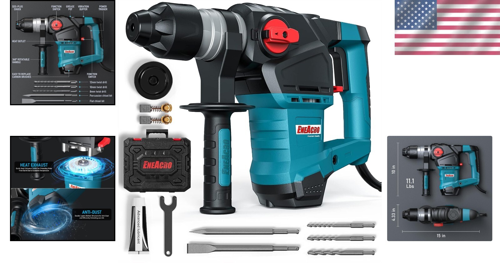 Powerful 3-in-1 Rotary Hammer Drill with Vibration Control, Accessories Included