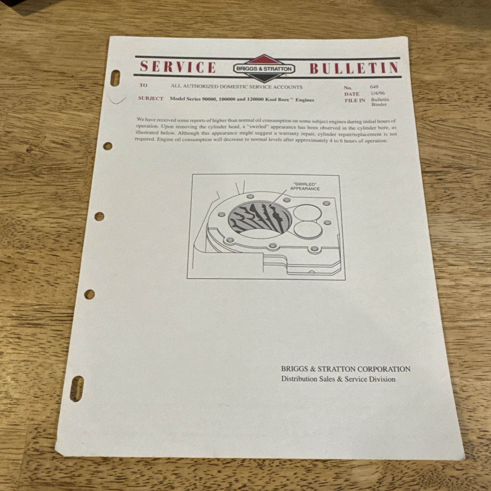Briggs & Stratton 1996 Model Series 90000- Kool Bore Engines Service Bulletin