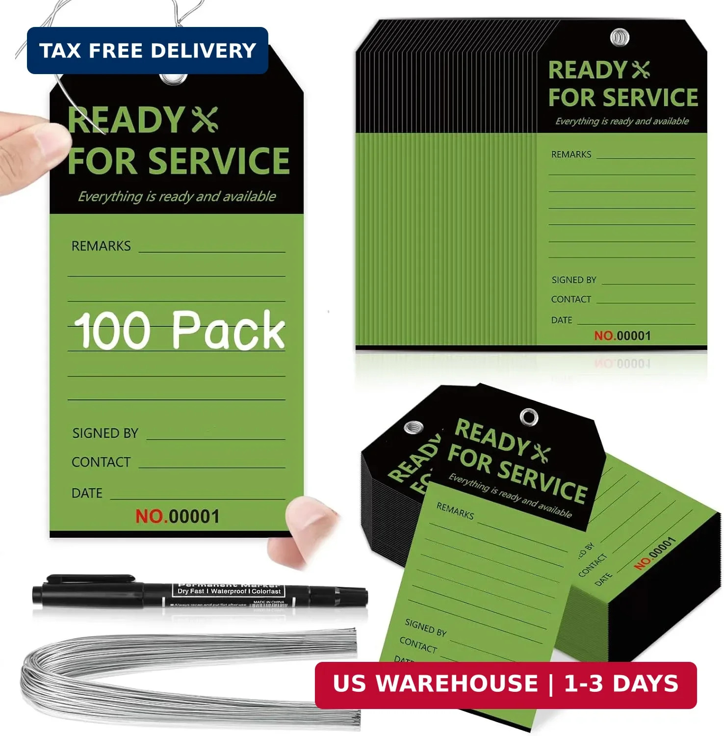 100 PCS Ready for Service Tags with Wire 3×5.8 Inch Serial Number Equipment Tags