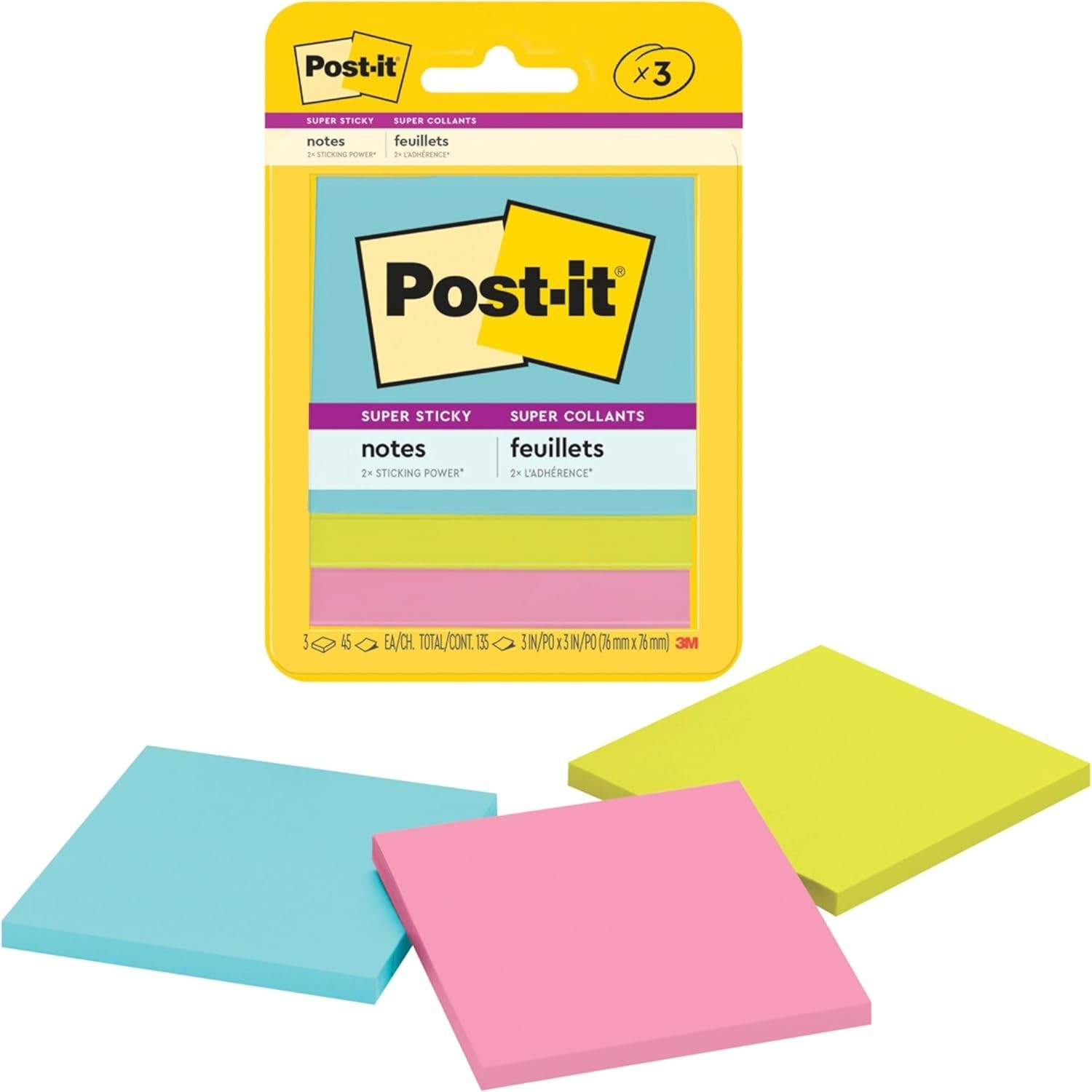 Post-it Super Sticky Notes, 3 Sticky Note Pads, 3 x 3 in., School Supplies, Offi