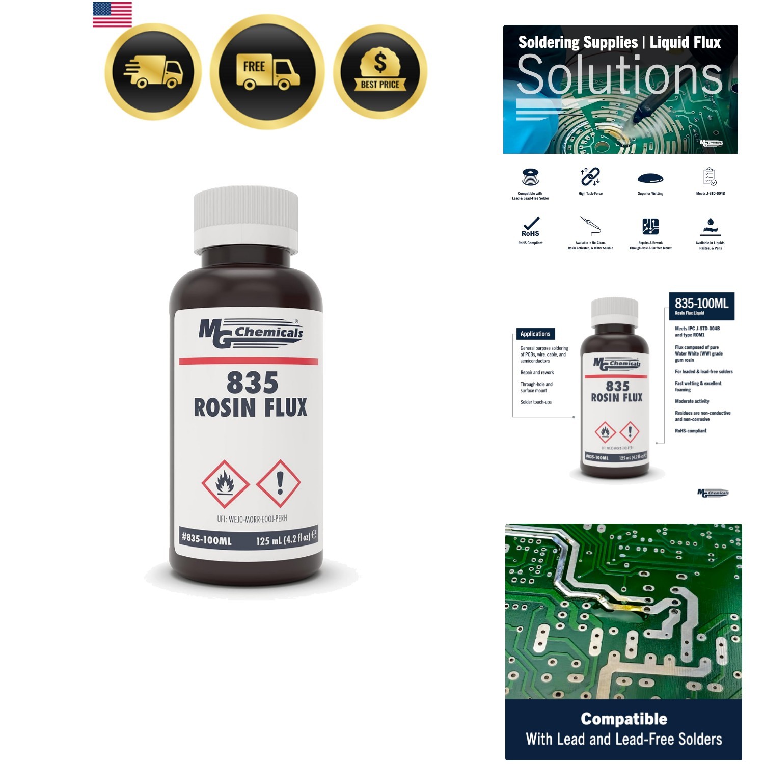 835 Liquid Rosin Flux, for Leaded and Lead Free Solder, 125 ml Bottle