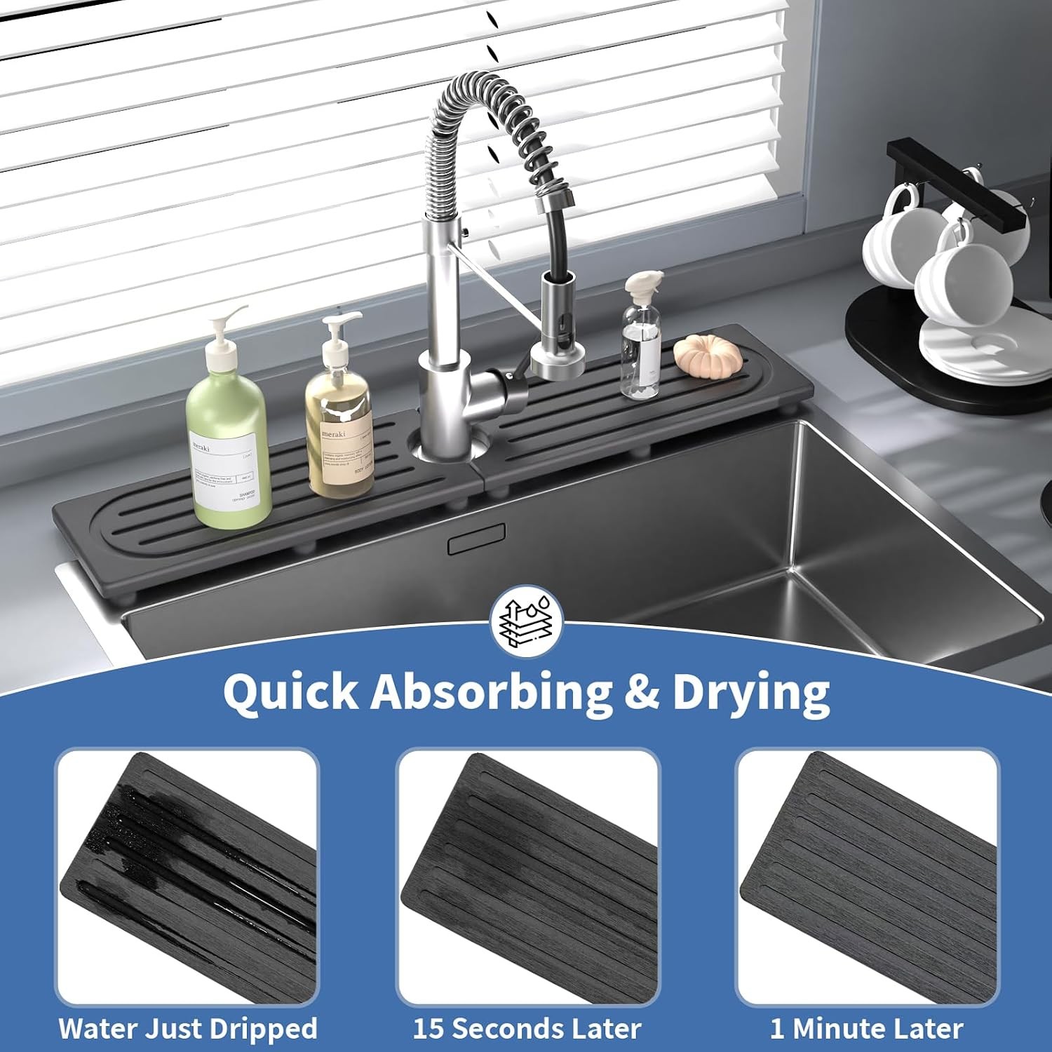 Kitchen Faucet Mat, Diatomite Sink Faucet Mat Splash Guard for Kitchen, Water