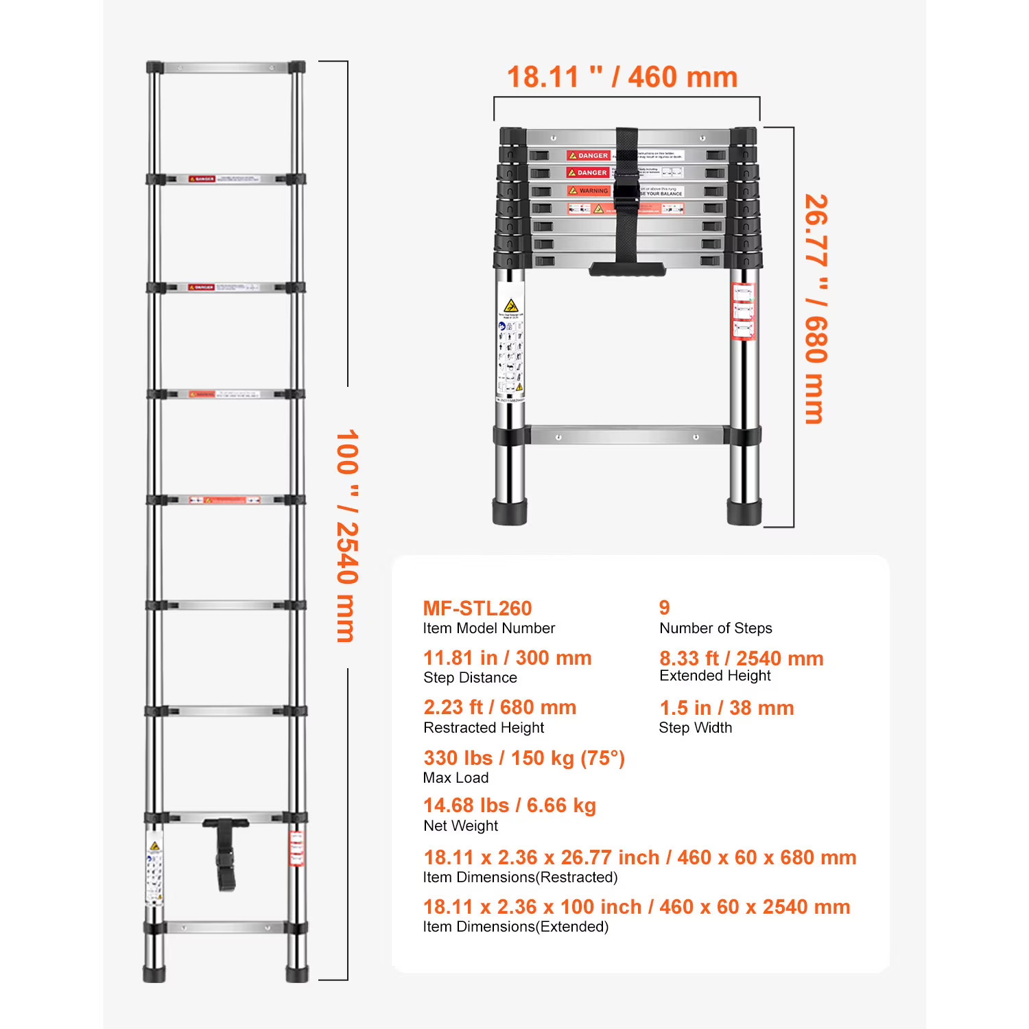 Portable 9-Step Retractable Telescopic Ladder for Home RV Loft Daily Use