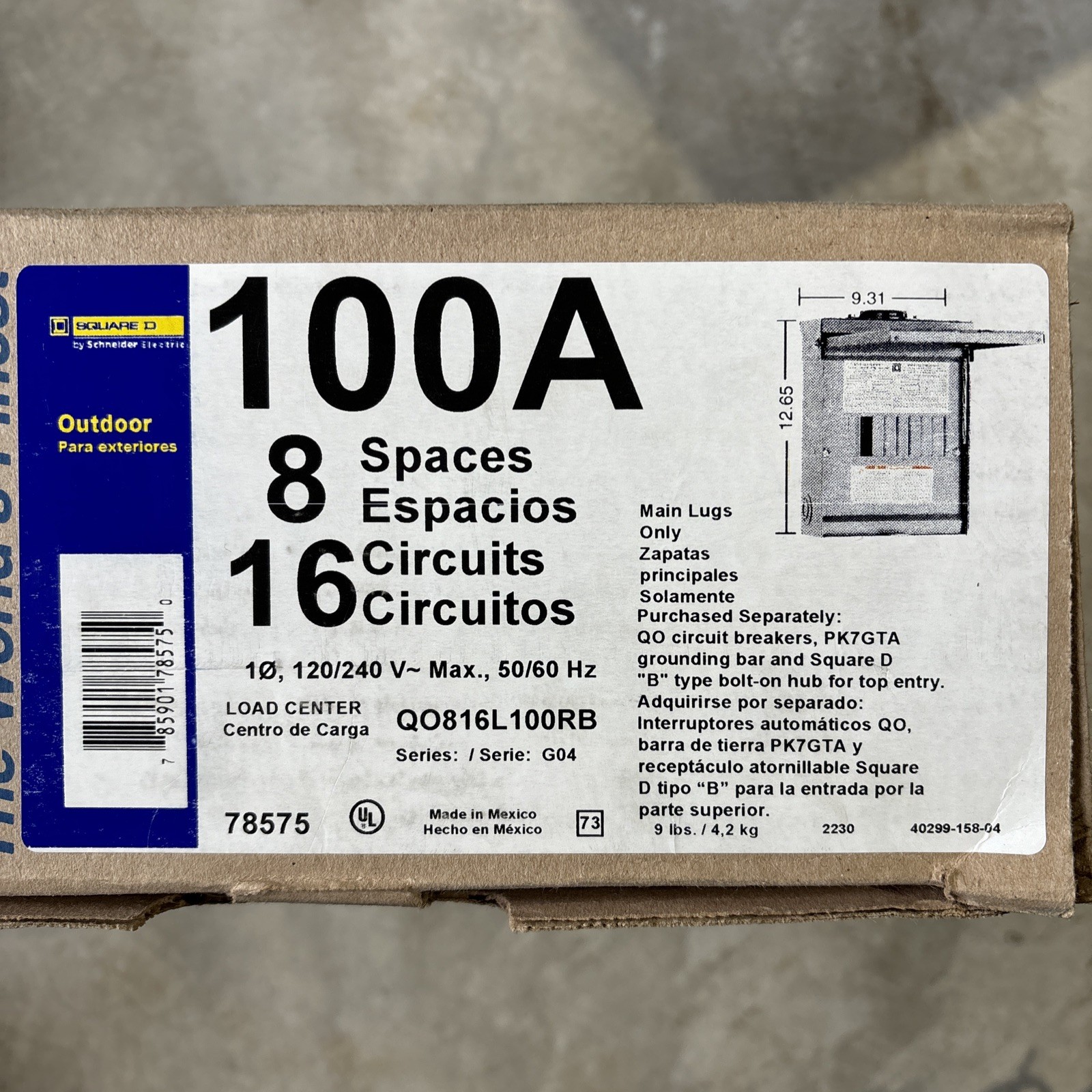 QO816L100RB SQUARE D LOAD CENTER QO SERIES 1 PHASE 8 SPACES 16 CIRCUITS MAIN NEW