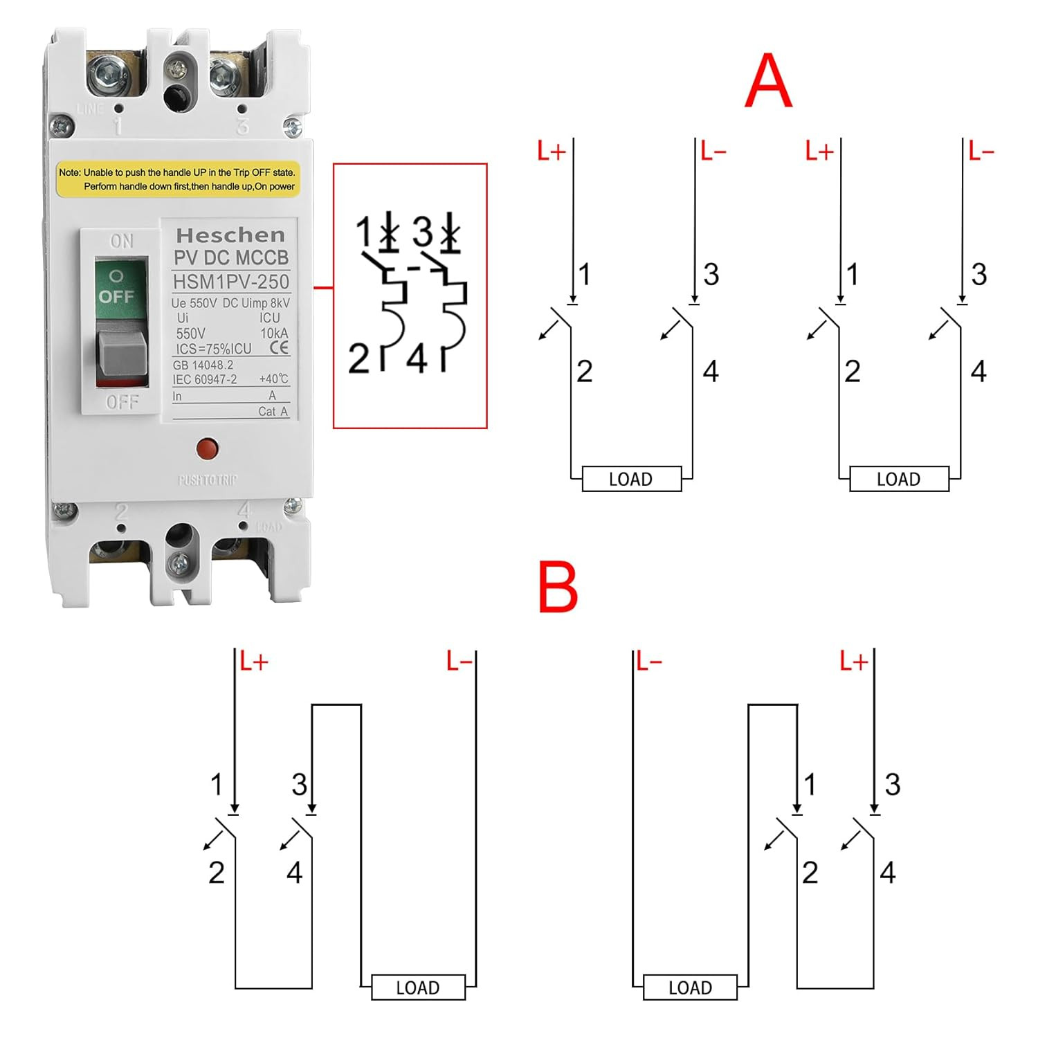 DC550V Solar PV MCCB Circuit Breaker 2 Pole 200A Thermal Magnetic 10KA