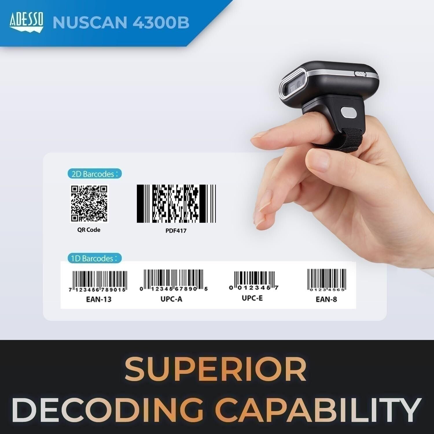Adesso NuScan 4300B 2D Bluetooth Wireless Ring Finger Barcode Scanner…