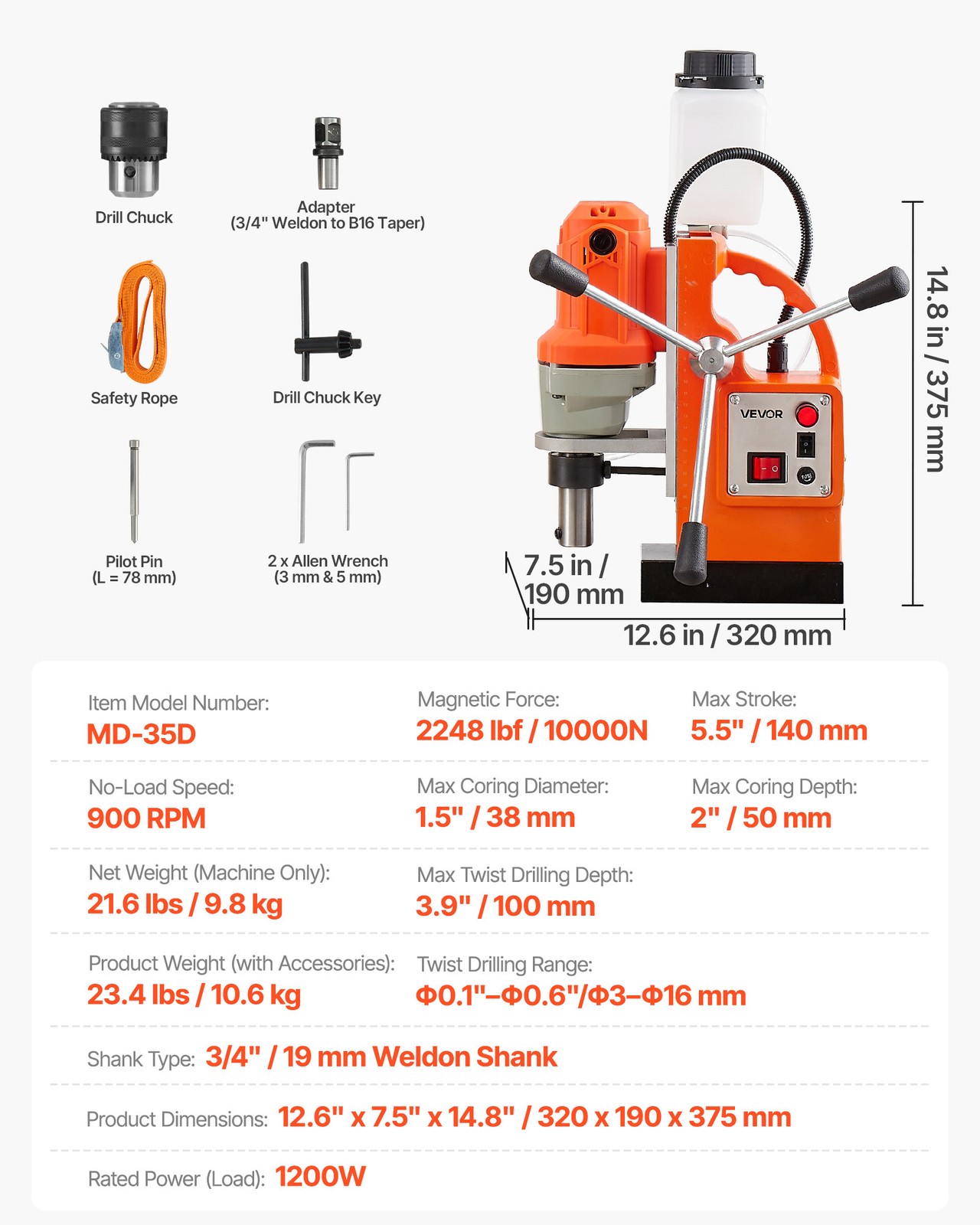 VEVOR Magnetic Drill Press Mag Drill Press 1200 W 1.5 in Boring Diameter 900 RPM