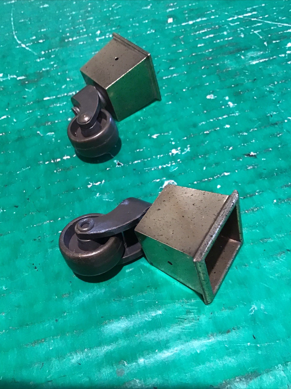 (2) Vintage Swivel Brass 1″ Square Tapered Cup Caster w/ 1″ Wheel Furniture