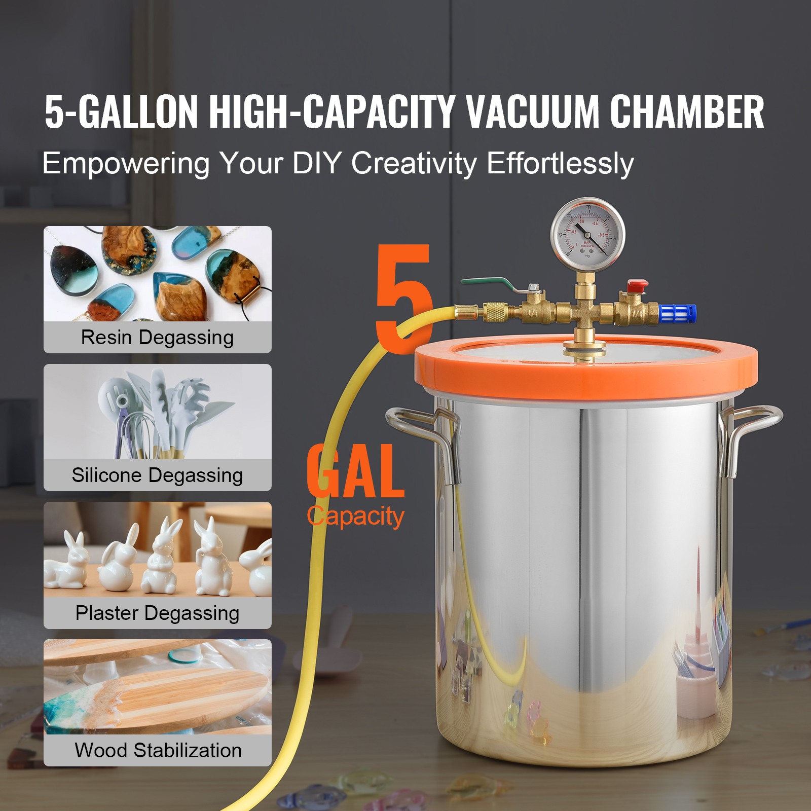 VEVOR Vacuum Chamber Tempered Glass Lid Vacuum 5 Gal Degassing Chamber Silicone