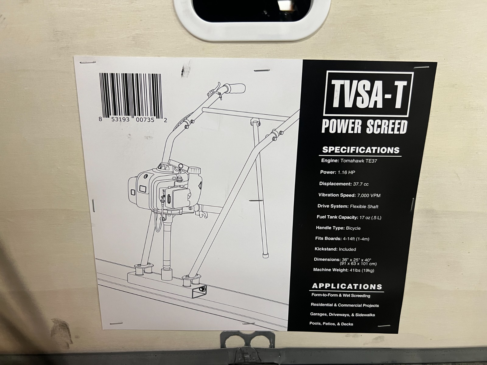 TOMAHAWK POWER TVSA-T 37.7cc Gas Concrete Power Screed Cement Finishing