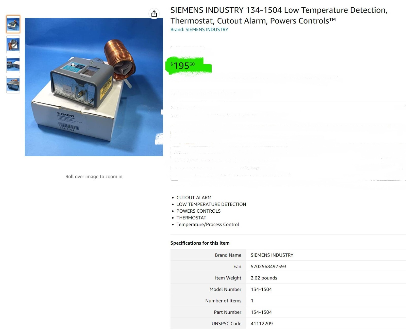 SIEMENS 134-1504 LOW TEMP CUTOUT T-STAT W/ MANUAL RESET MISSING PARTS [B5B3]