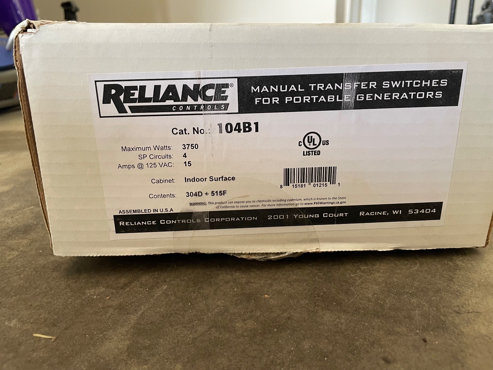 Reliance Controls Manual Transfer Switch For Generator, 104B, 15A, 4 Circuits,