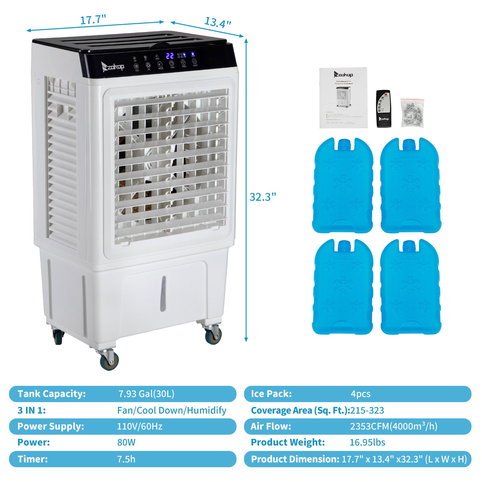 Portable Air Conditioner Fan Evaporative Cooler 2400CFM Swamp Cooler Remote 30L