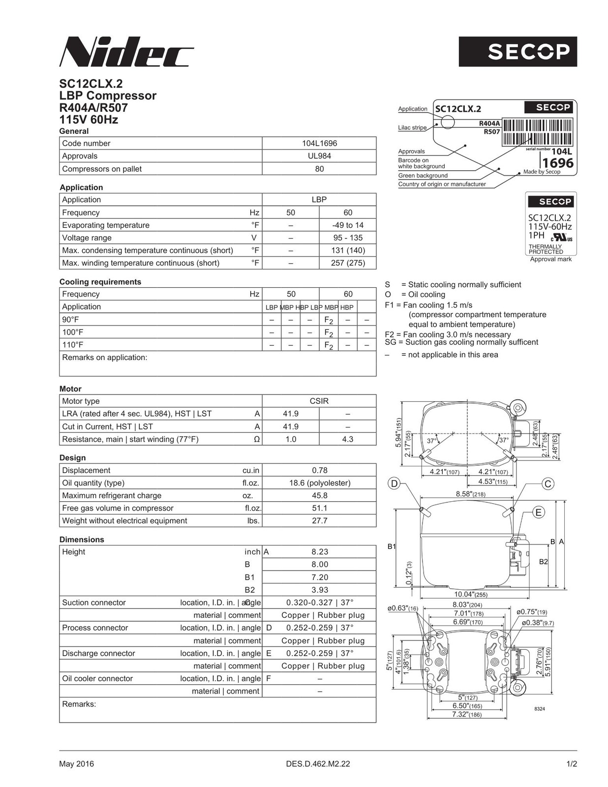 Secop SC12CLX.2 Compressor 1/2 HP 2470 LBP 4625 MBP BTU/h 115V
