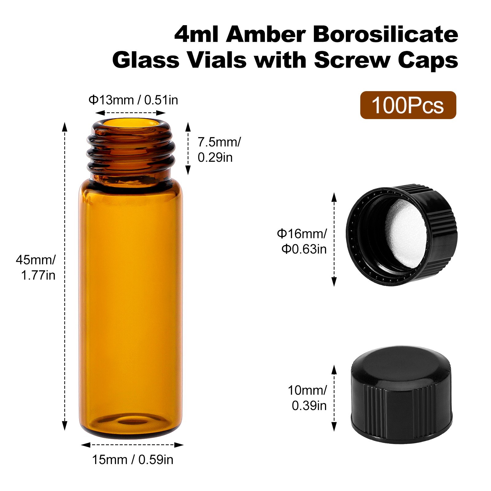 100/200/500pcs 4ml Glass Vials with Screw Caps Amber Liquid Small Sample Vials
