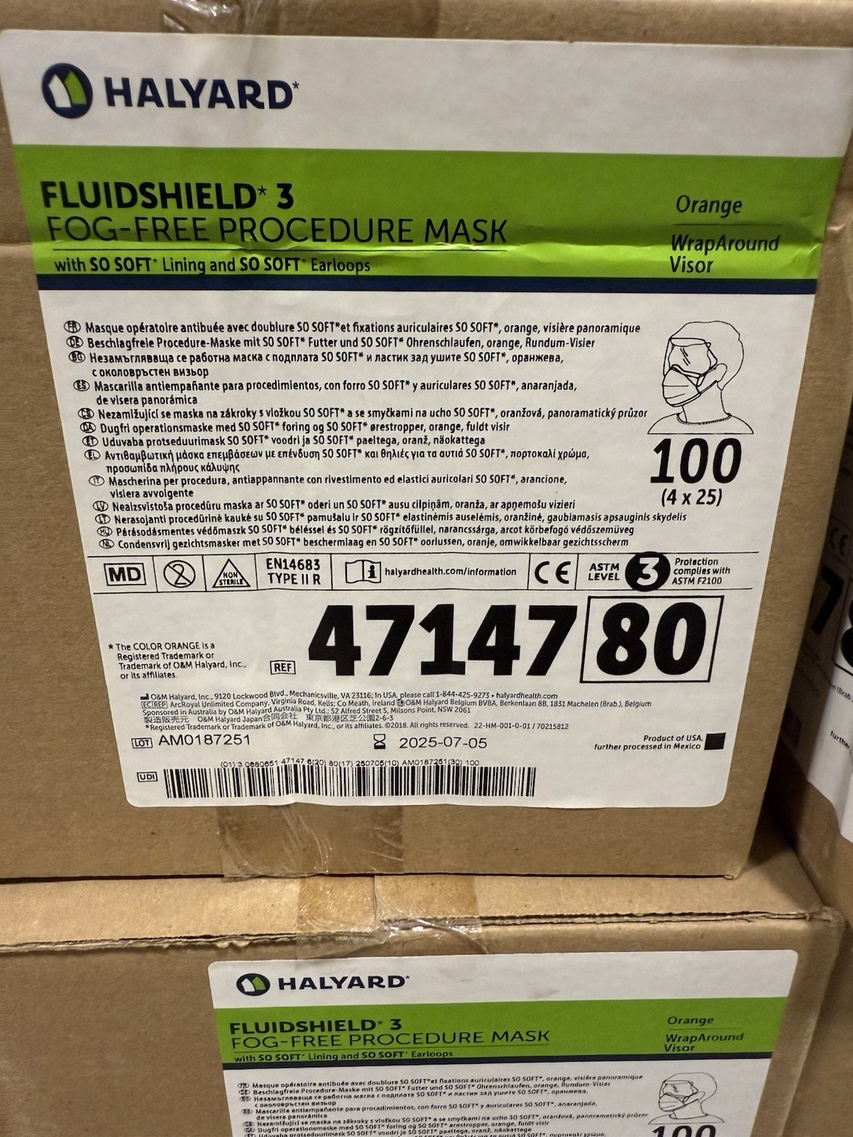 EXPIRED Halyard Fluidshield Level3 Fog Free Procedure Face Mask w Visor 100/case