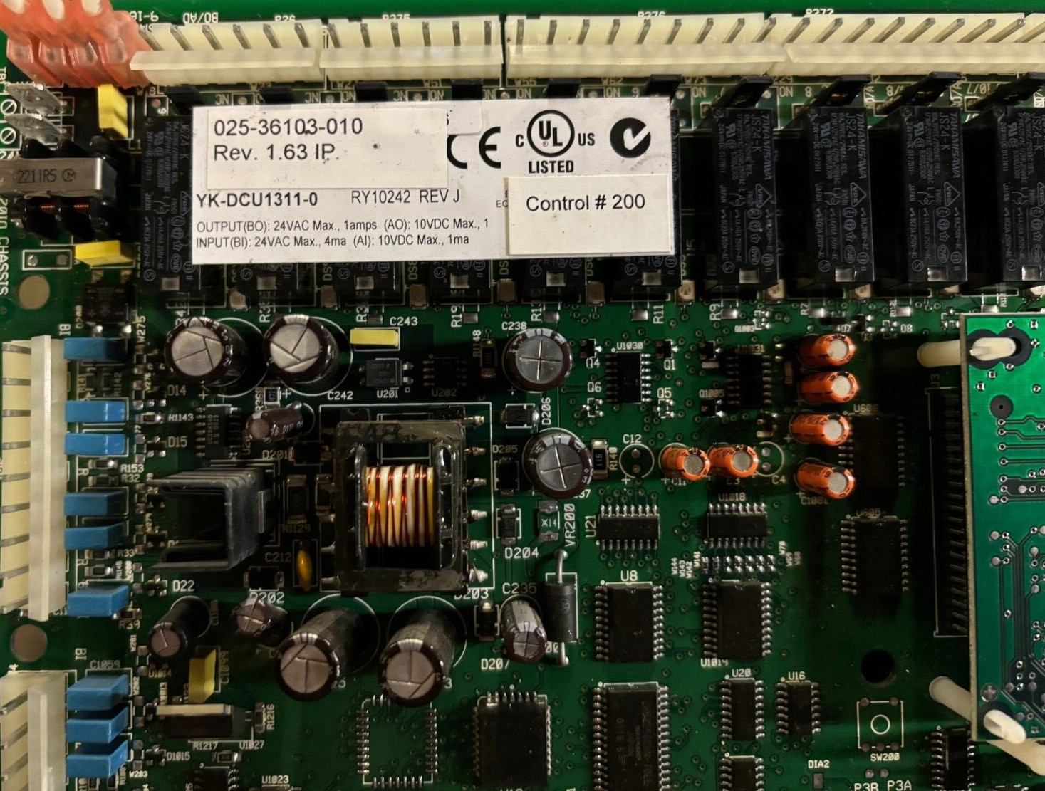 JOHNSON CONTROLS CONTROL BOARD 025-36103-010 YK-DCU1311-0 RY10327 Rev J
