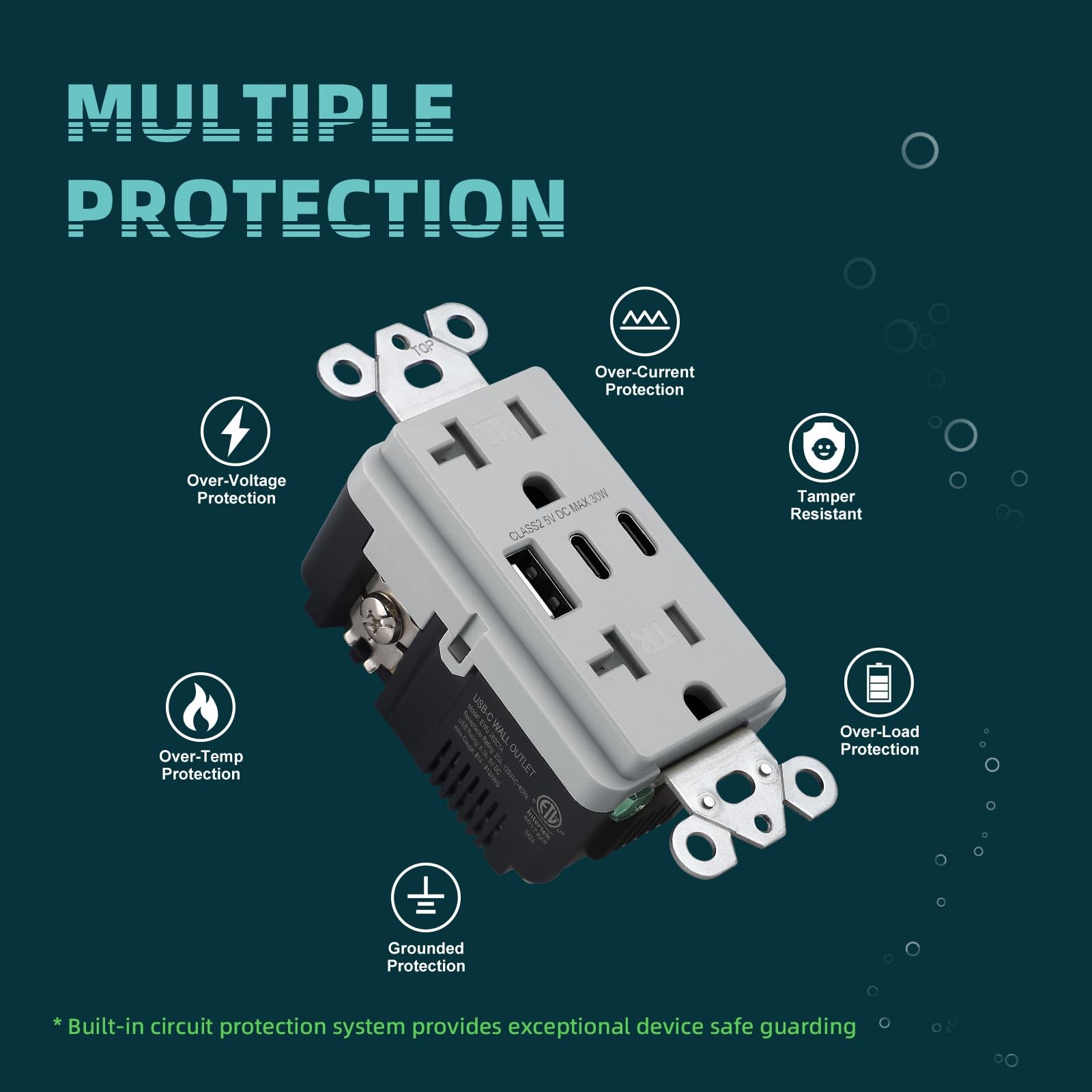TOPELER USB Outlets Receptacles, 30W 6.0A 3-Ports Wall Outlet, 20A, Grey