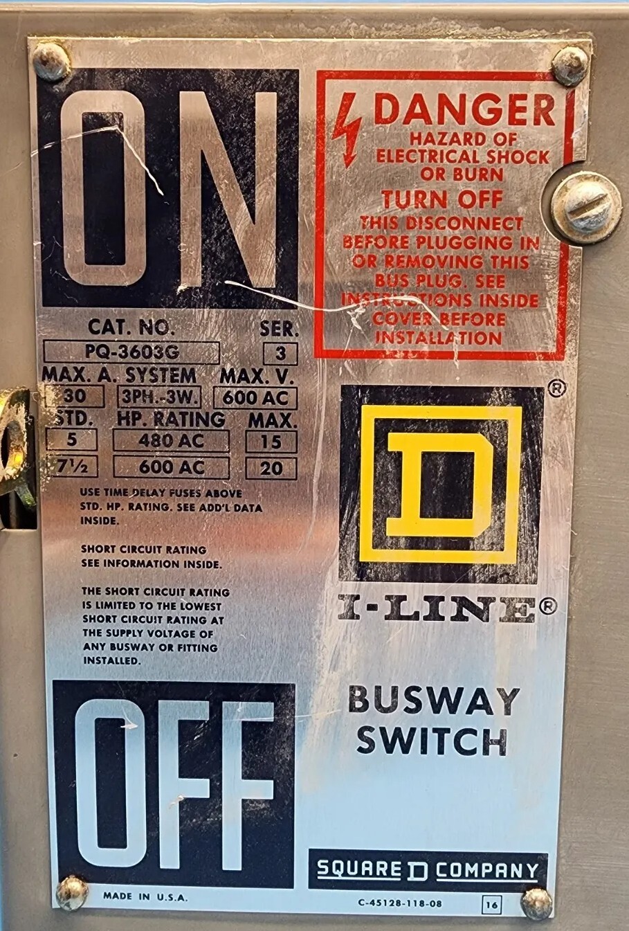 Square D PQ-3603G I-Line Busway Switch 30A 600V 3Ph- 3Wire Ser. 3