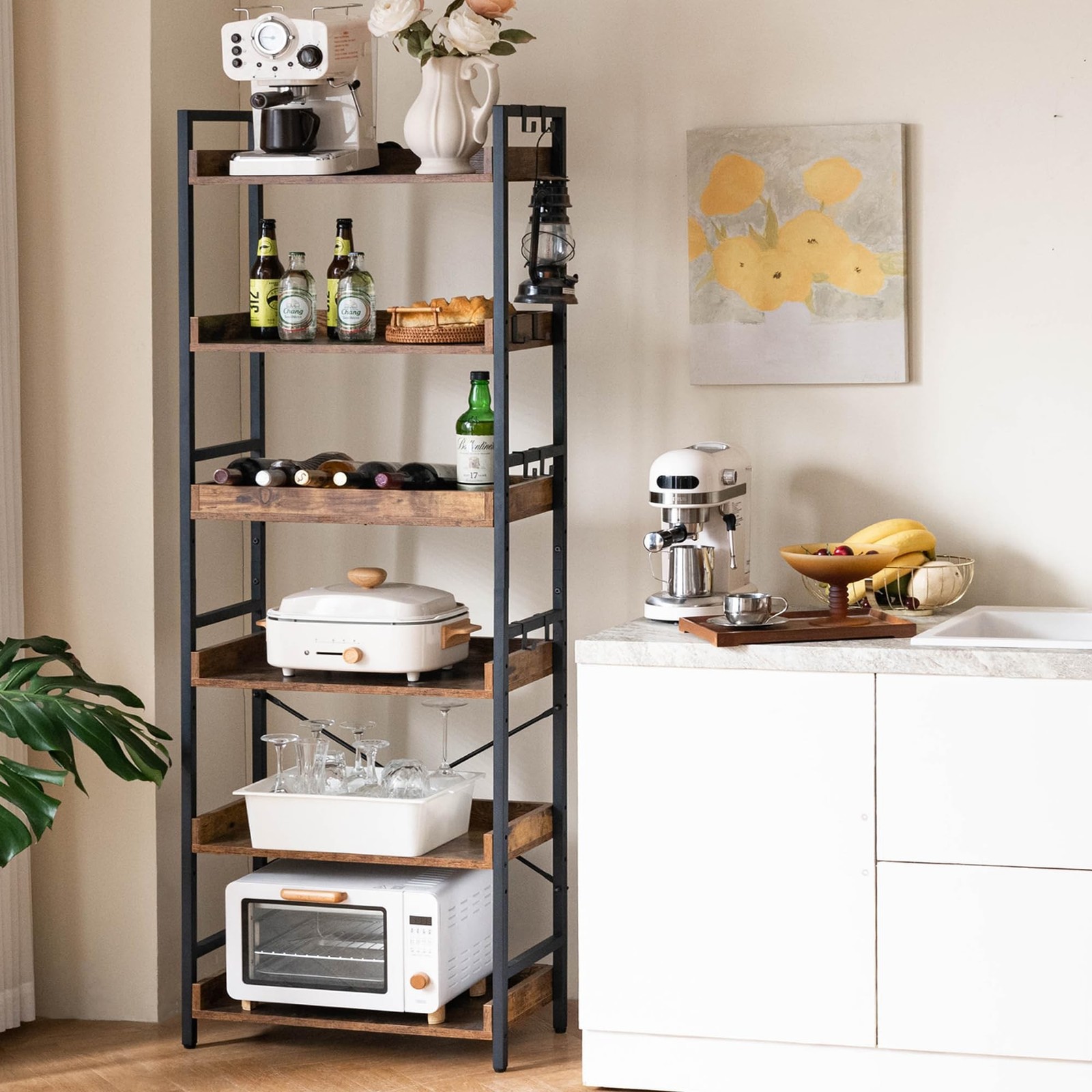 HCHQHS Adjustable 6 Tier Open Bookcase, Black Metal, Rustic Farmhouse