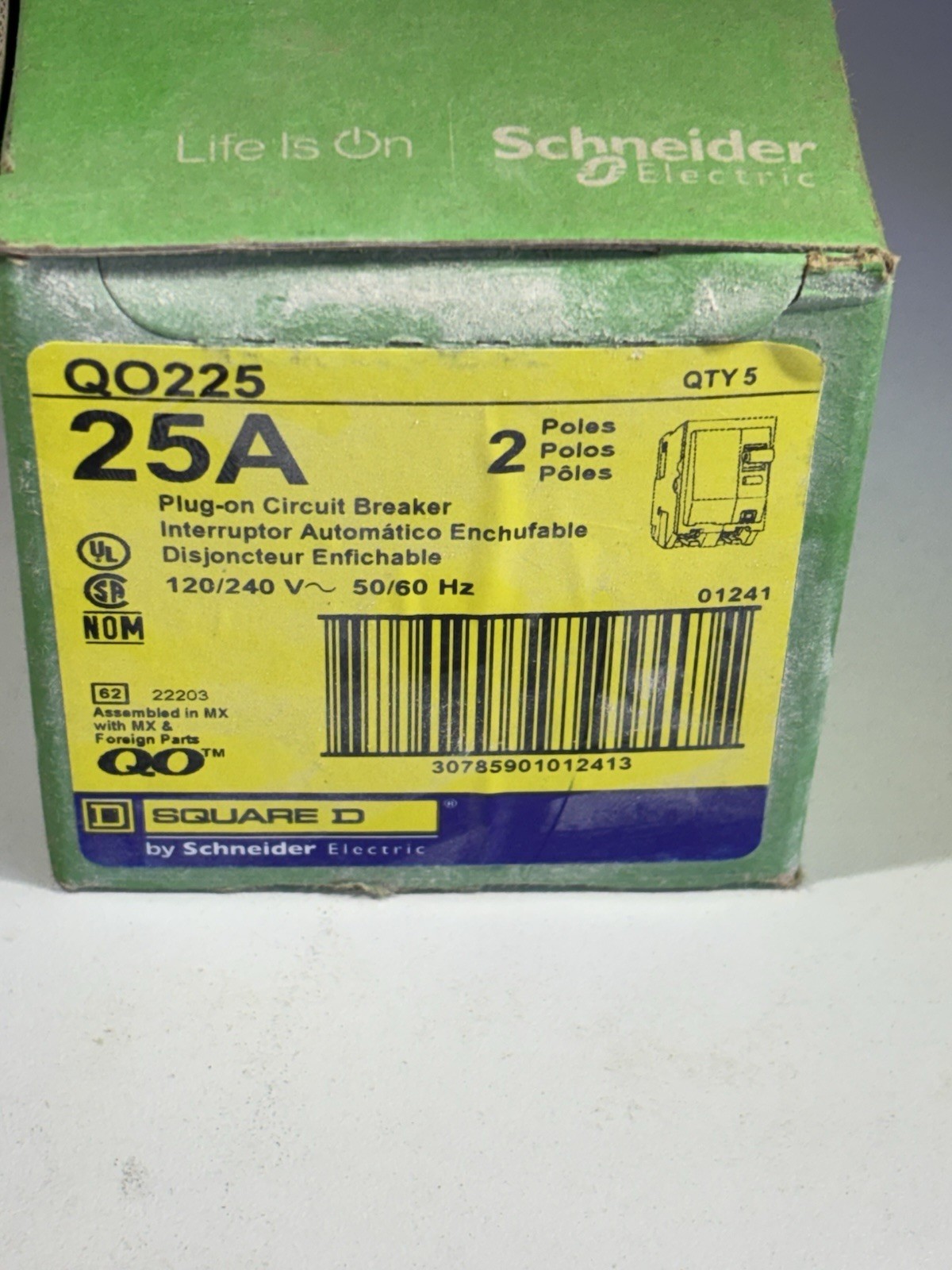 Square D QO225 25 Amp 2 Pole Plug-On Circuit Breaker Lot of 5 NEW QO 120/240V