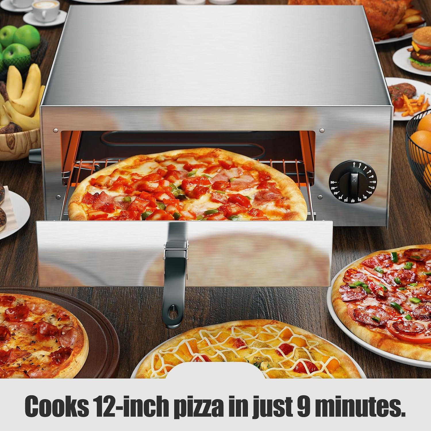 Electric Pizza Oven,Indoor Pizza Oven with Handle & Removable Tray and 30Mins Ti