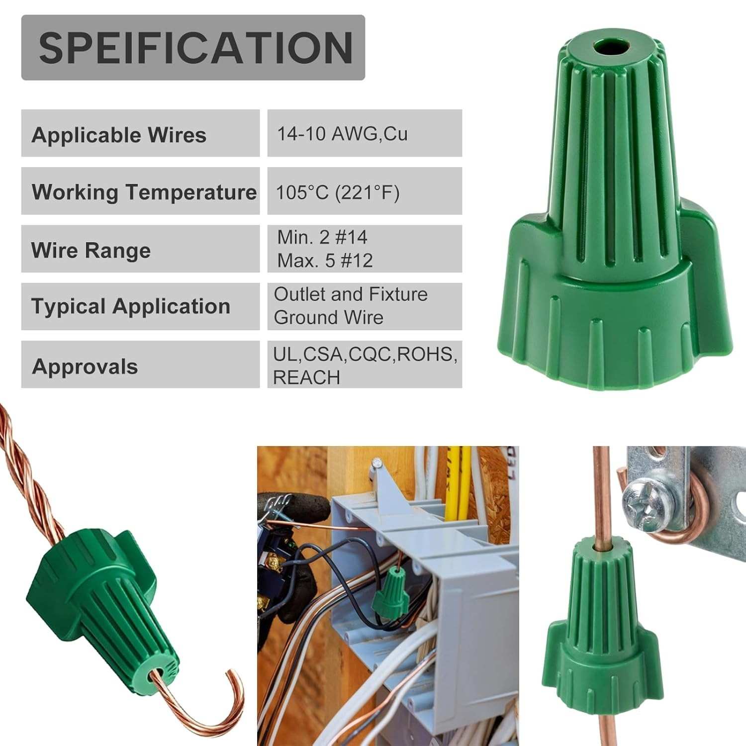 P99 Green Wire Nuts 600Pcs for 14-10 AWG, UL 467 Listed Twist-On Ground Wire …