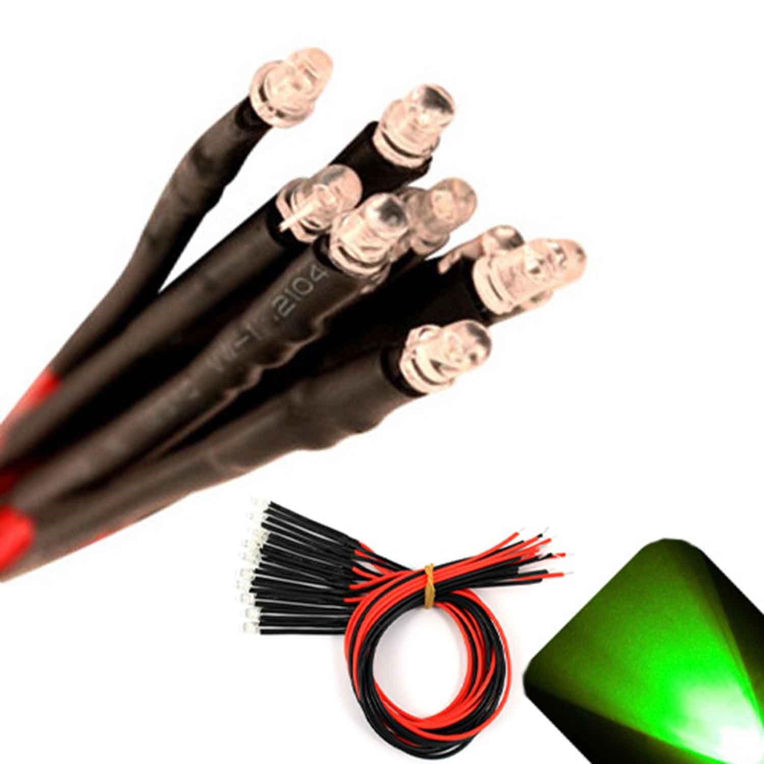 20 x Pre wired 6v 3mm Pure Green LEDs Prewired 6 volt DC LED Light RC 5v 4v 3v