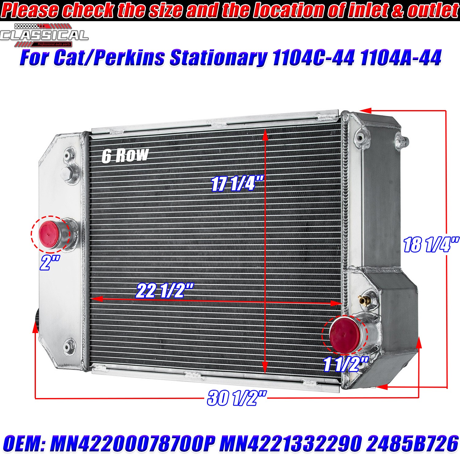 6 Row Radiator 2485B726 for Cat/Perkins Stationary 1104C-44 1104C-E44 1104A-44