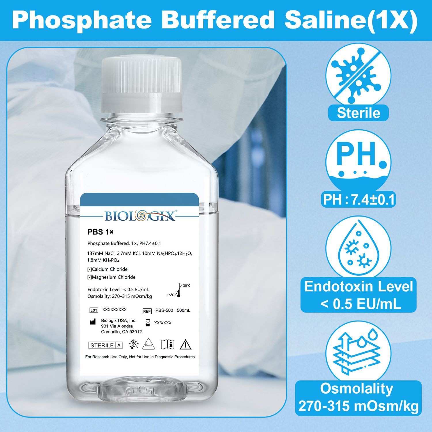Biologix® PBS Buffer (1×), pH7.4, Low Endotoxin, 500mL/Bottle, 10 Bottles/Case