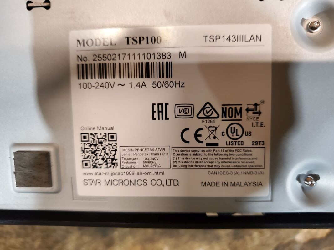 Star Micronics TSP143IIILAN Ethernet (LAN) Thermal Receipt Printer With Cord