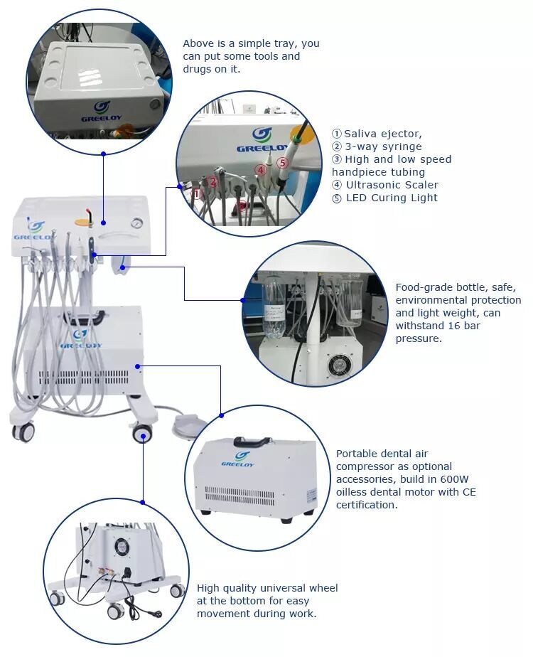Greeloy Mobile Veterinary Dental Unit Cart + Silent Oil Free Air Compressor 4H