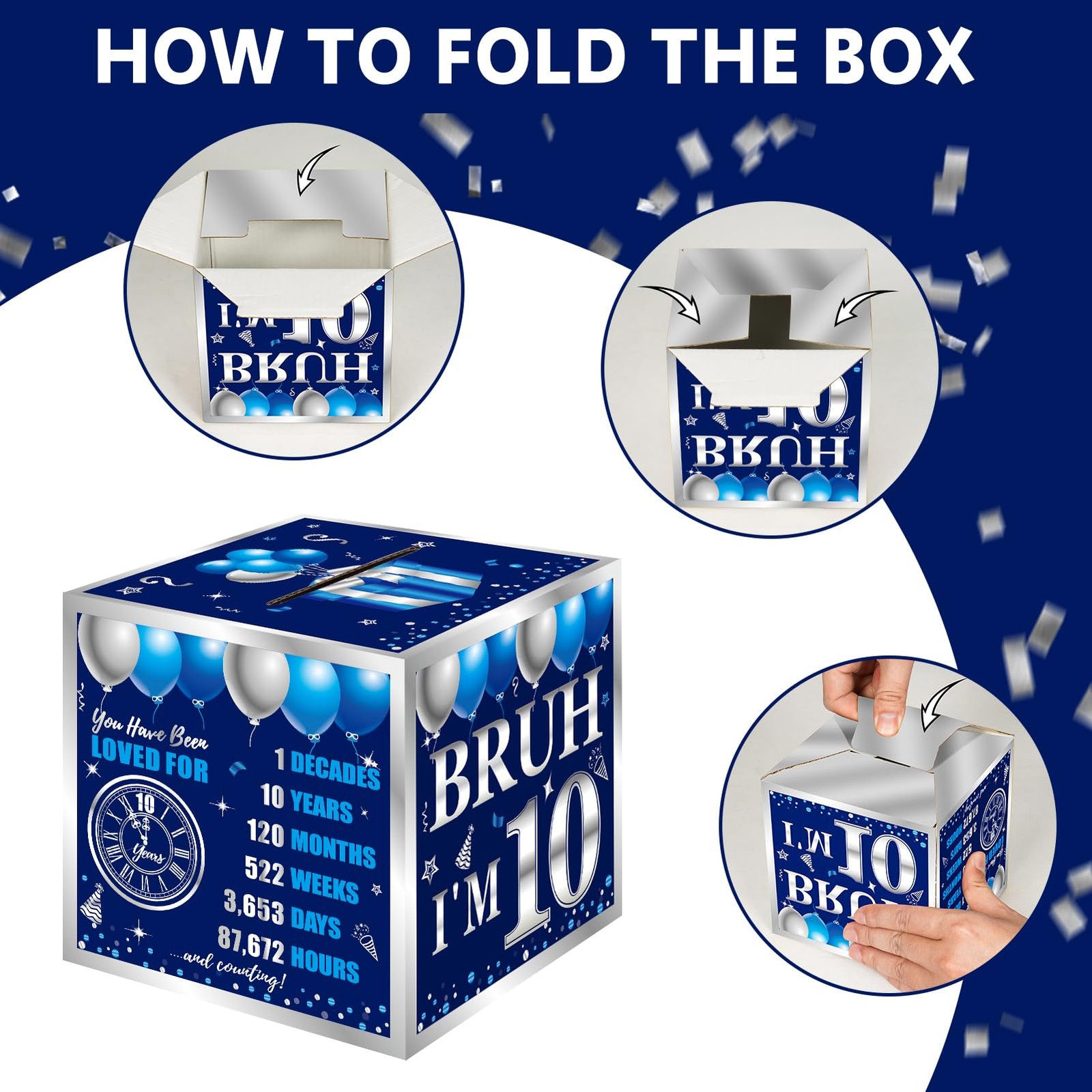1 Set Happy 10th Birthday Blue Silver PullOut Money Cash Gift Box Party