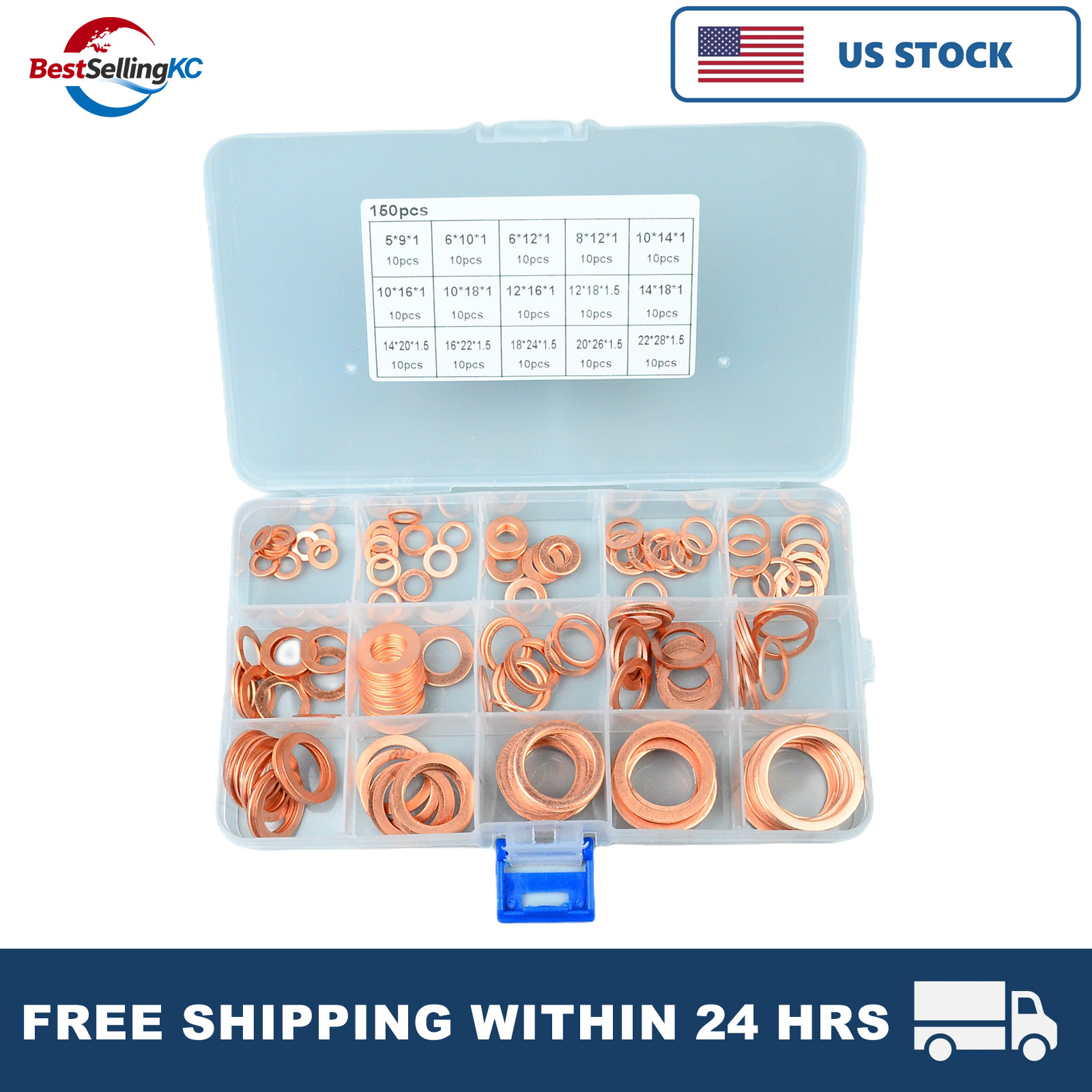 150Pcs Copper Crush Washer Gasket Set Flat Ring Seal Assortment Kit M5 – M22 US