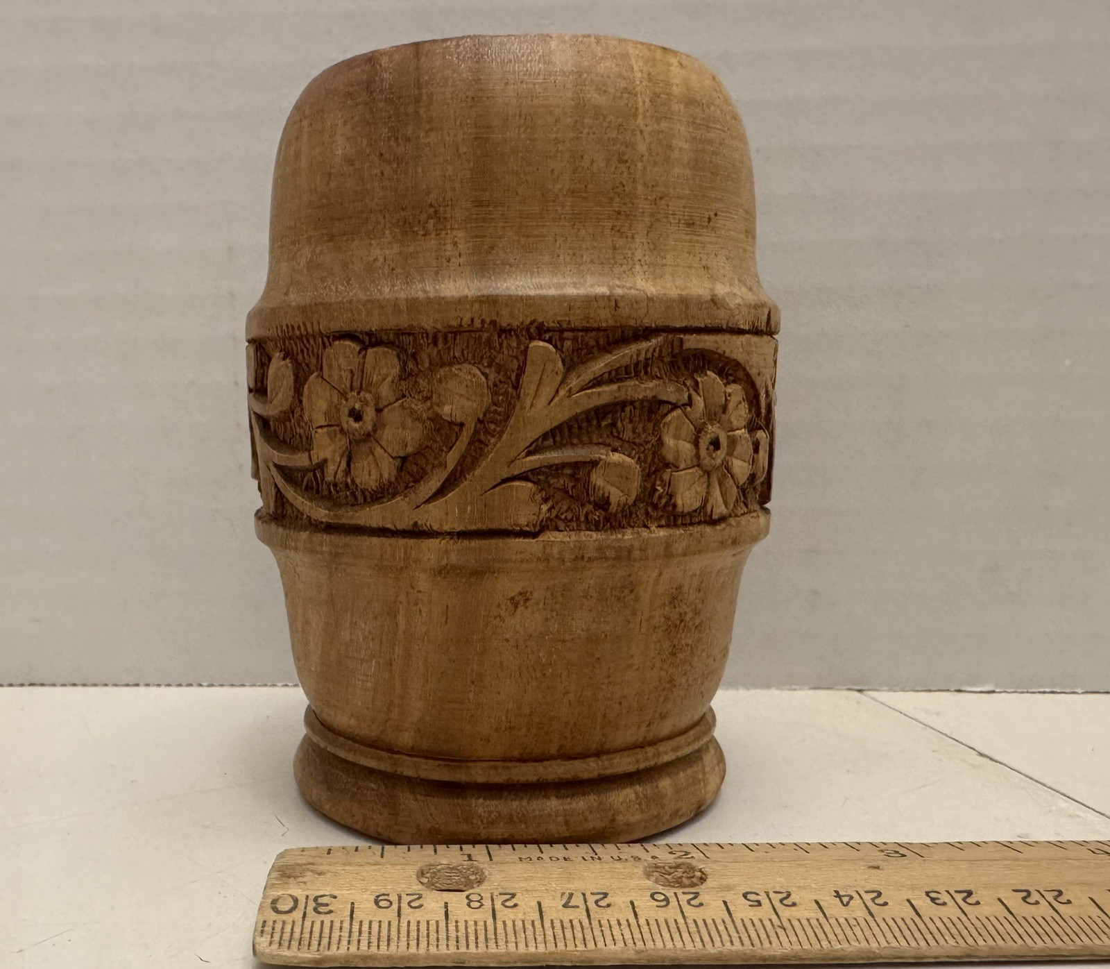 Hand-Carved Pen Holder – Floral Wooden Desk Organizer Cup Made in India