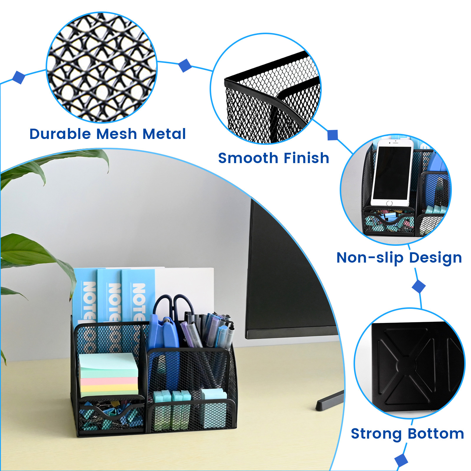6 Compartment Mesh Desk Organizer Drawer Pen Holder Office School Supply Set