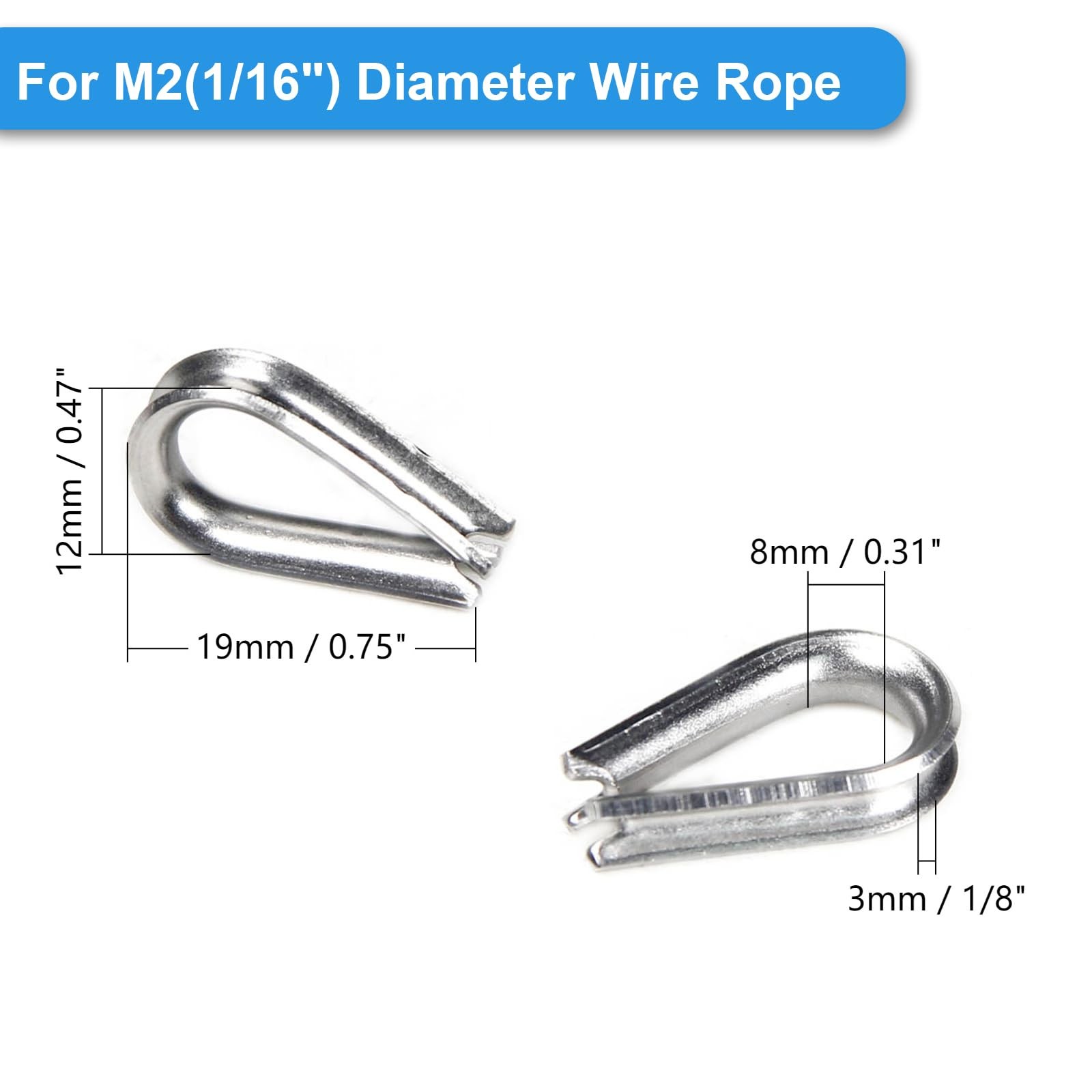 50 Pcs 1/16″ M2 Stainless Steel Wire Rope Thimbles for Cable Rope Thimble Rigg
