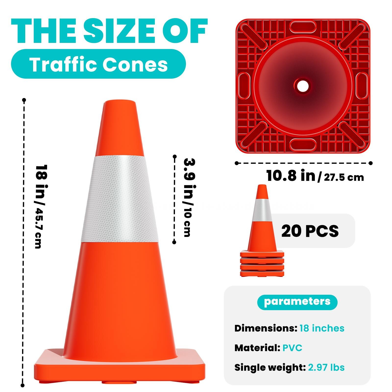 20pcs Heavy Duty Traffic Cones w/Reflective Collars,18in PVC Orange Safety Cones