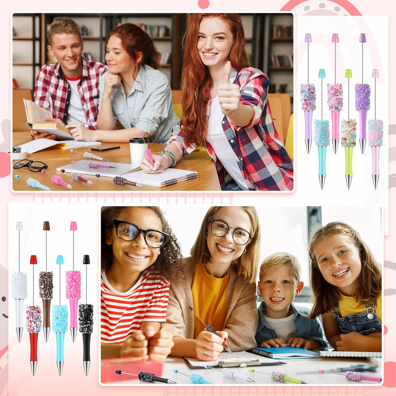 90 Pieces DIY Beadable Pens Kit 30 Pcs Plastic Petal Glitter Beaded Pens and Ref