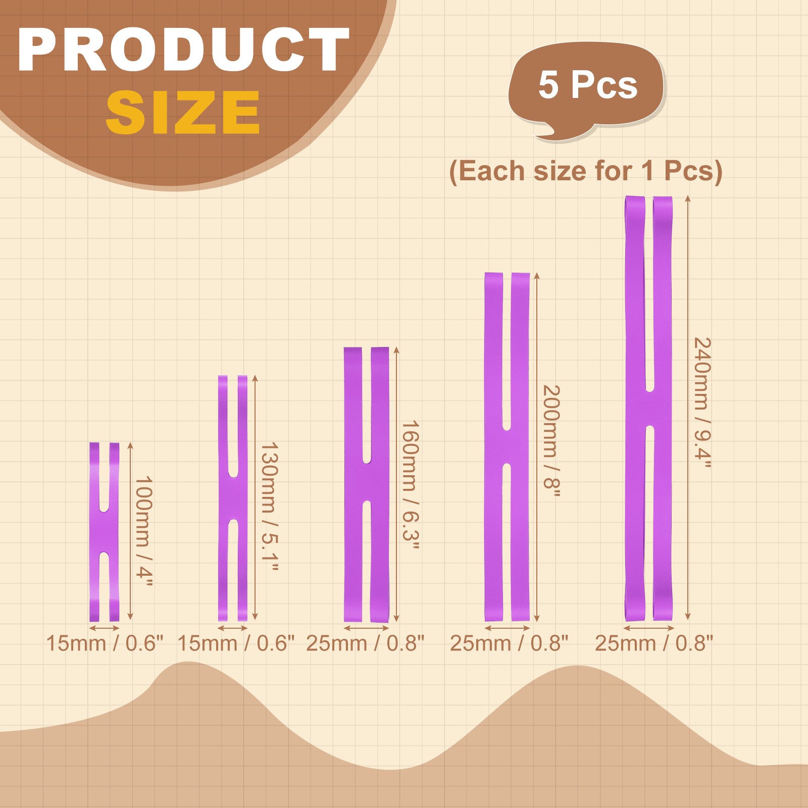 4/5.1/6.3/7.1/8/9.4 Inch 5 Pcs Silicone Elastic Rubber Wrapping Bands, Purple