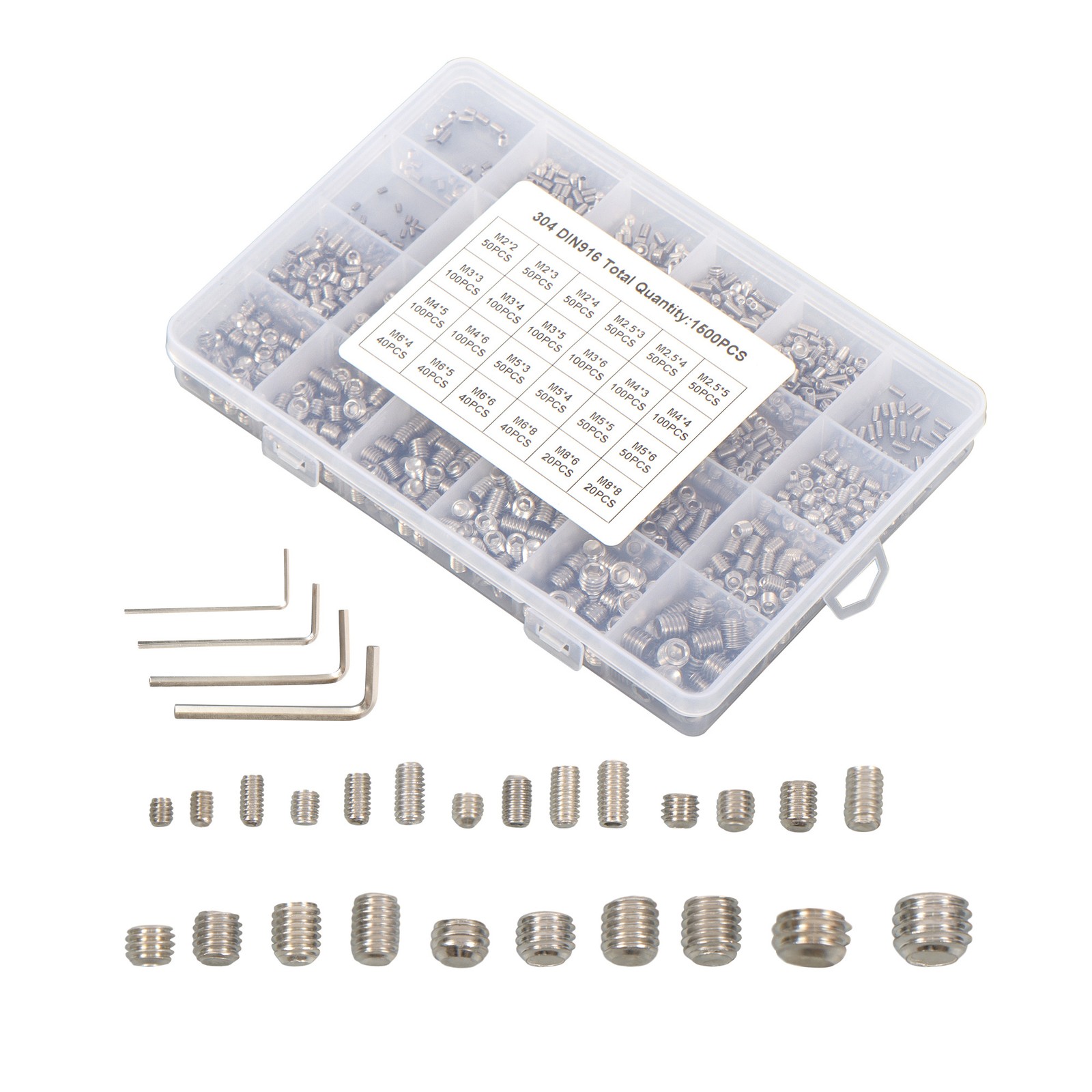 1500PCS Fully Threaded Hex Socket Set Screw Assortment Kit 304 Hex Socket Set