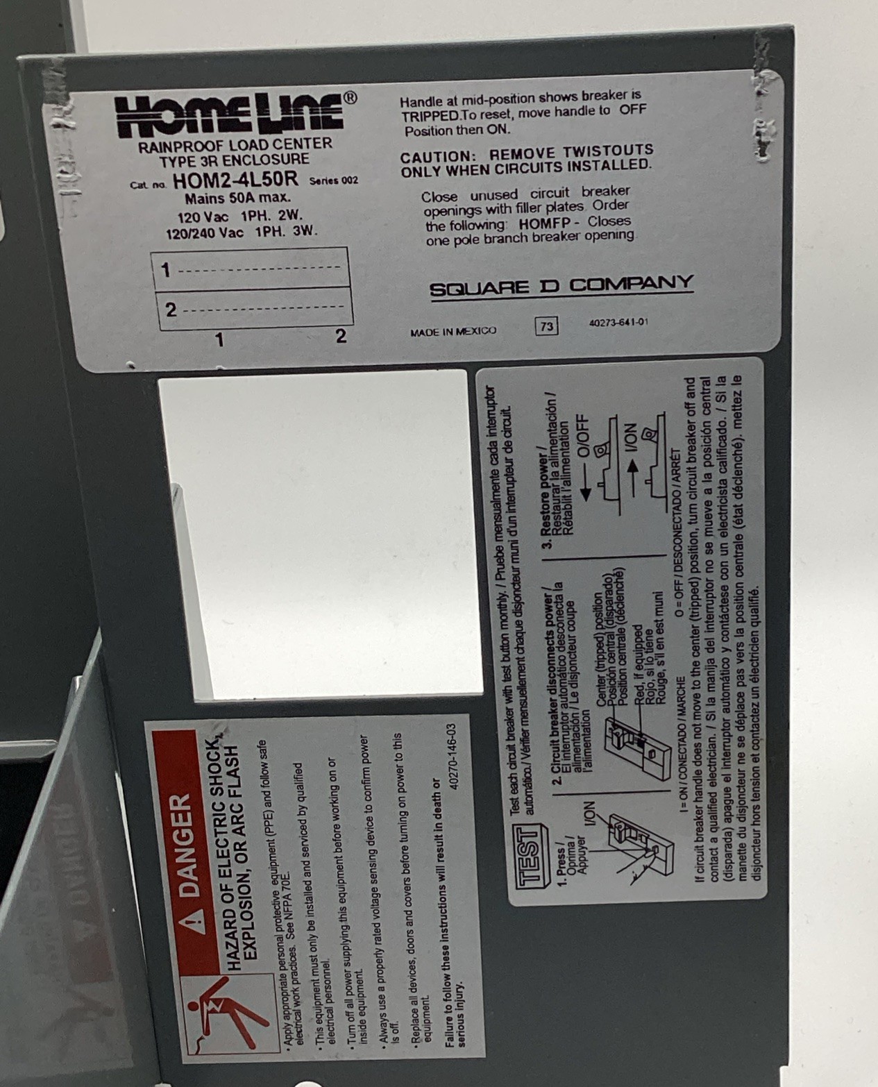 Square D HOME250SPA Homeline 50A Enclosed Main Breaker NEW NO BREAKER