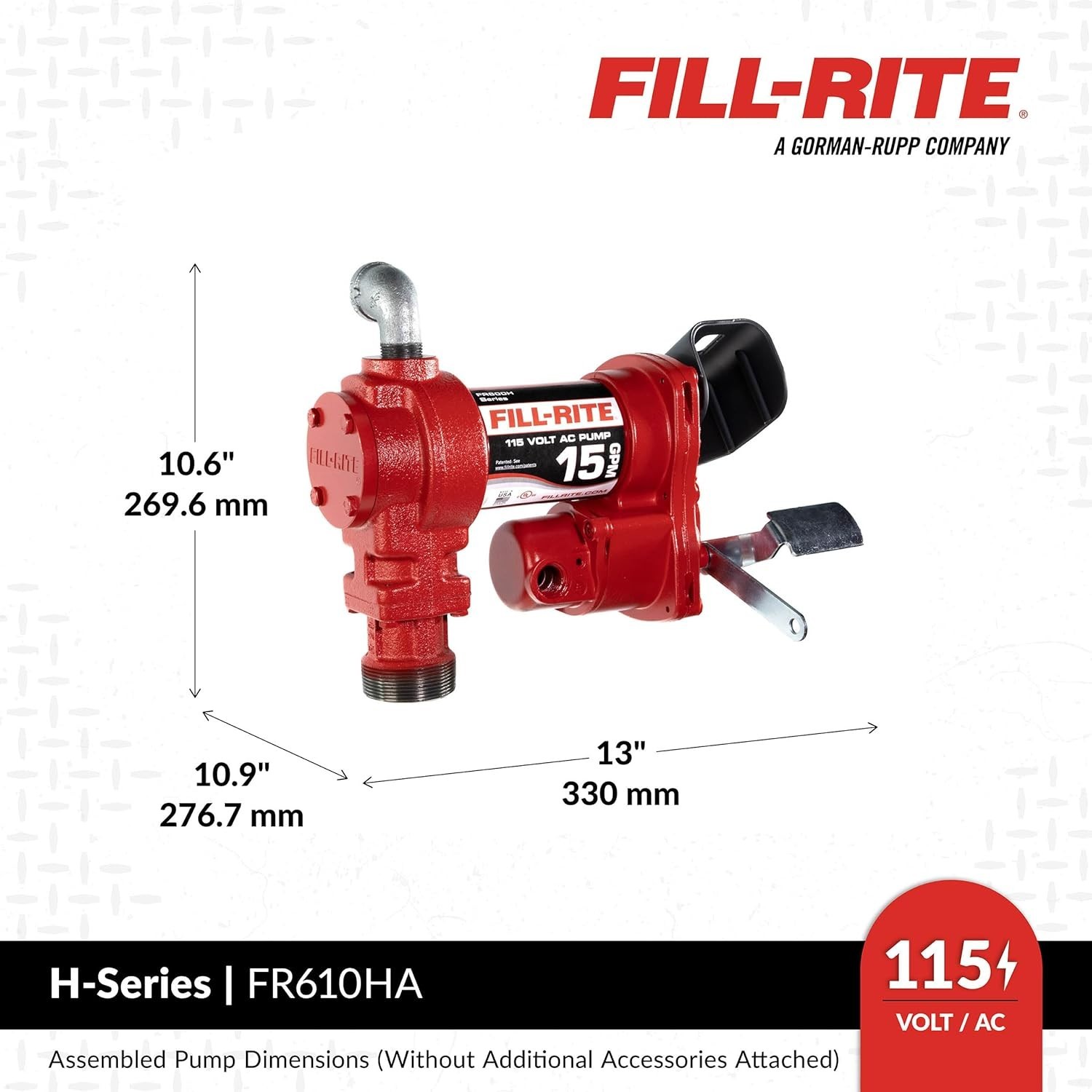 Fill-Rite FR610HA Fuel Transfer Pump, 115V AC, 15 GPM Max. Flow Rate 1/6 Hp